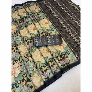 Black Floral Digital Printed Cotton Handloom Silk Saree