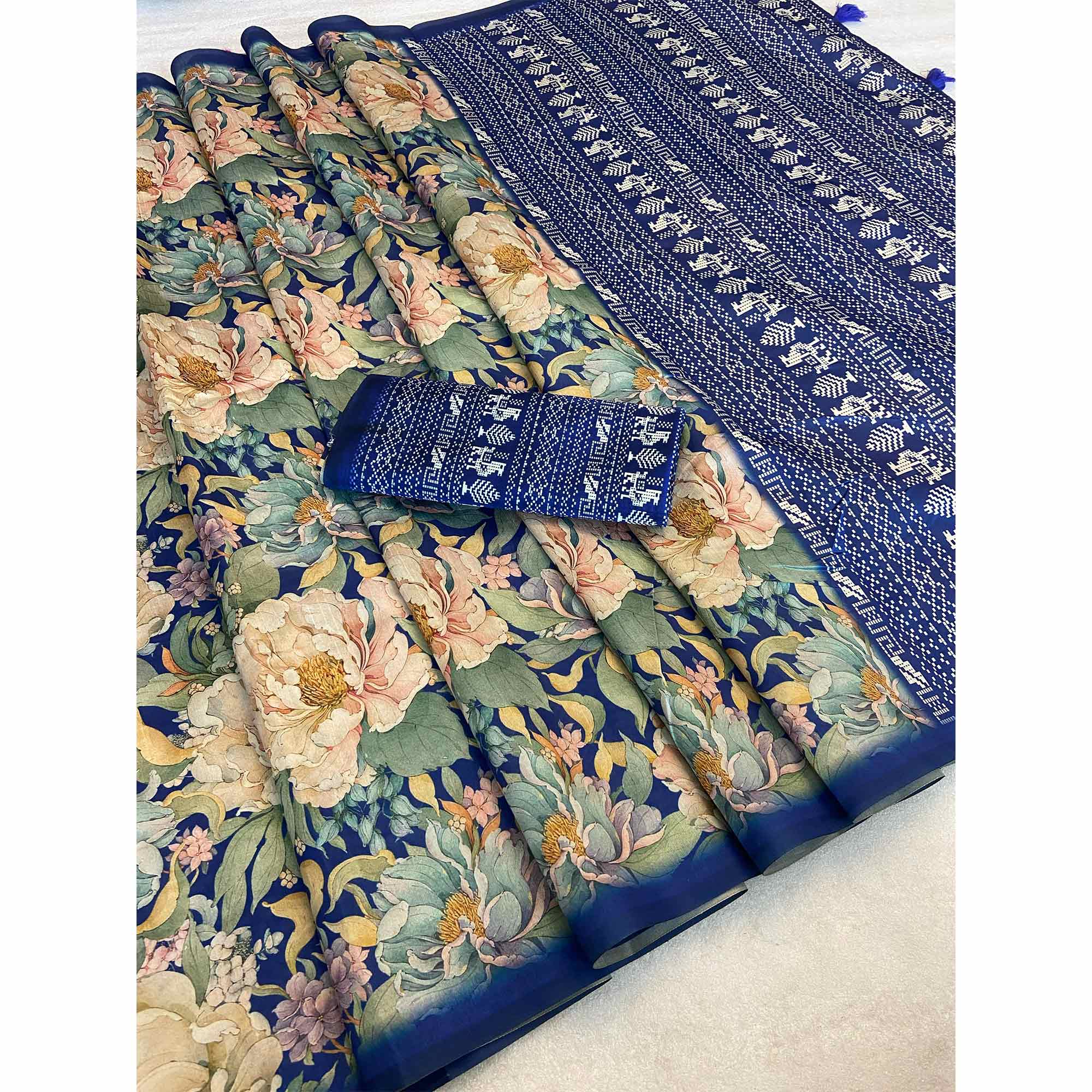 Blue Floral Digital Printed Cotton Handloom Silk Saree