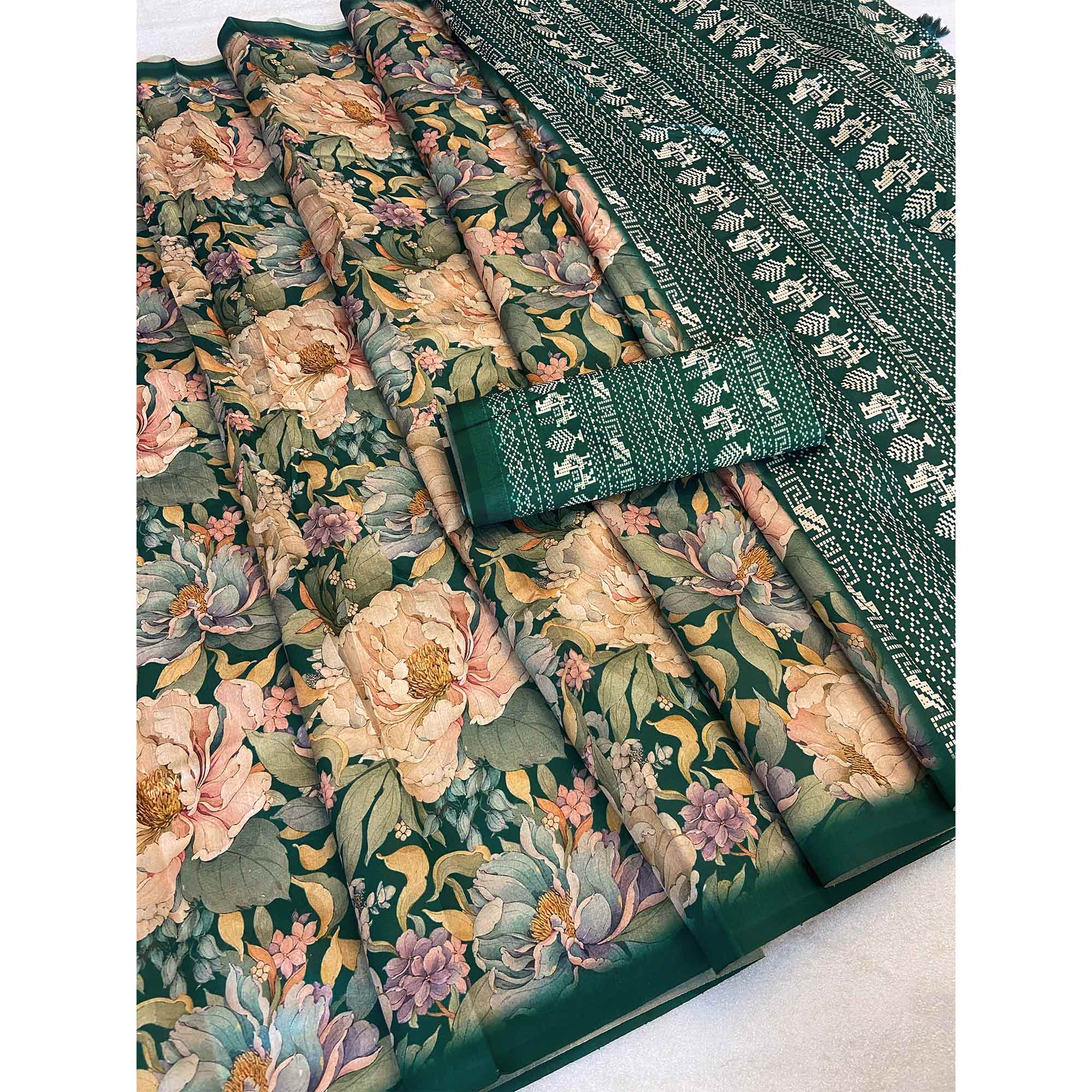 Teal Green Floral Digital Printed Cotton Handloom Silk Saree