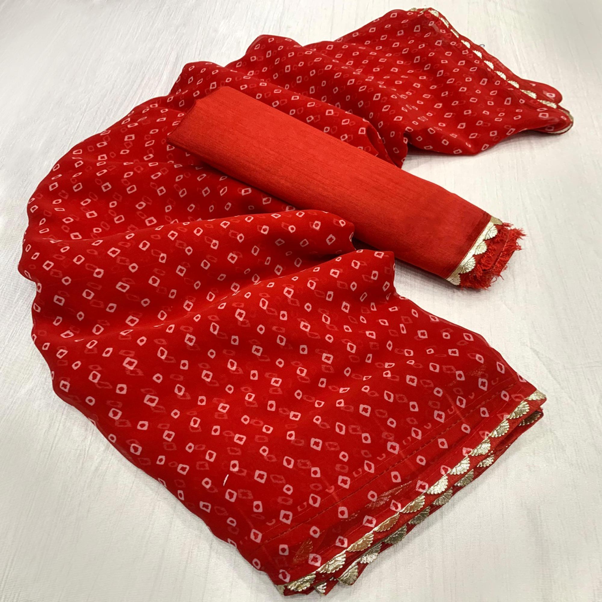 Red Bandhani Printed Georgette Saree