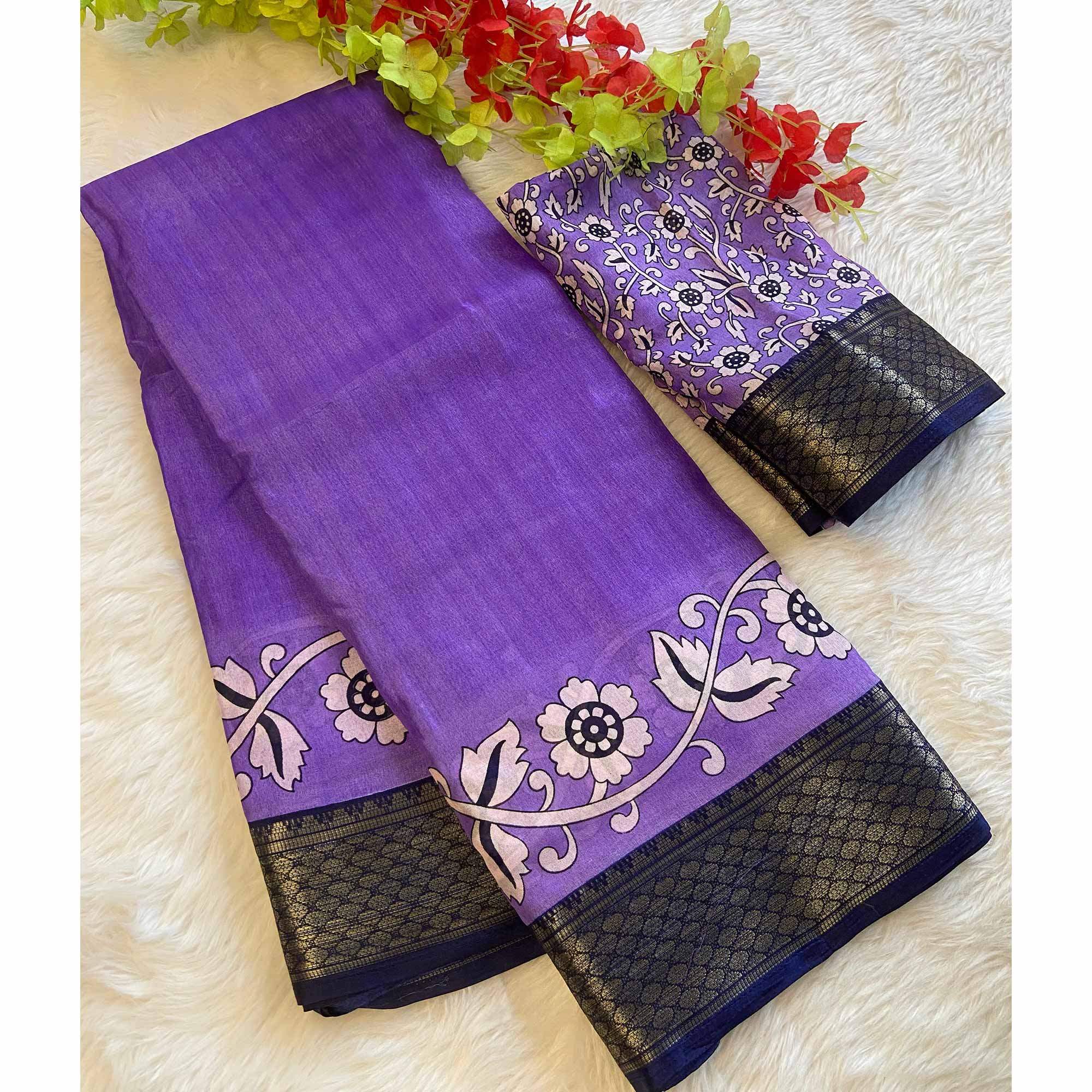 Purple Floral Printed Dola Silk Saree With Zari Border