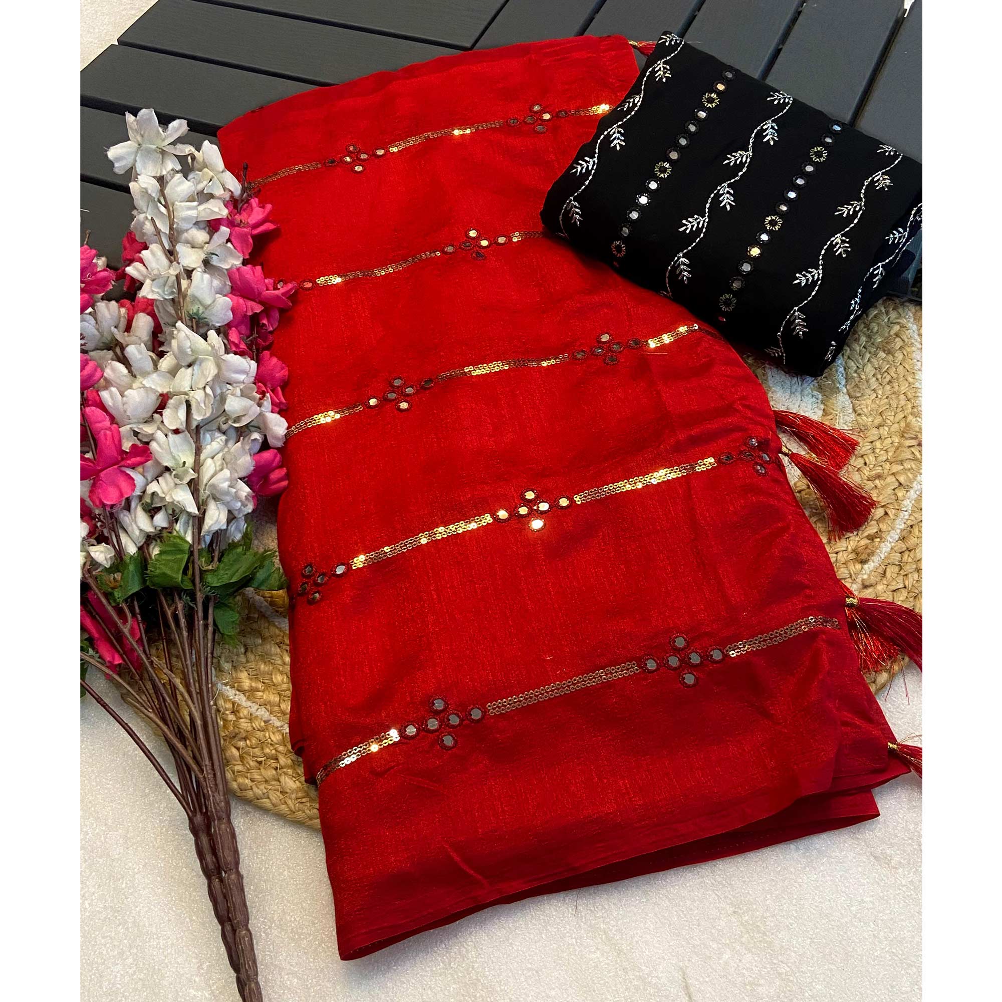 Red Sequins Embroidered Vichitra Silk Saree With Mirror Work