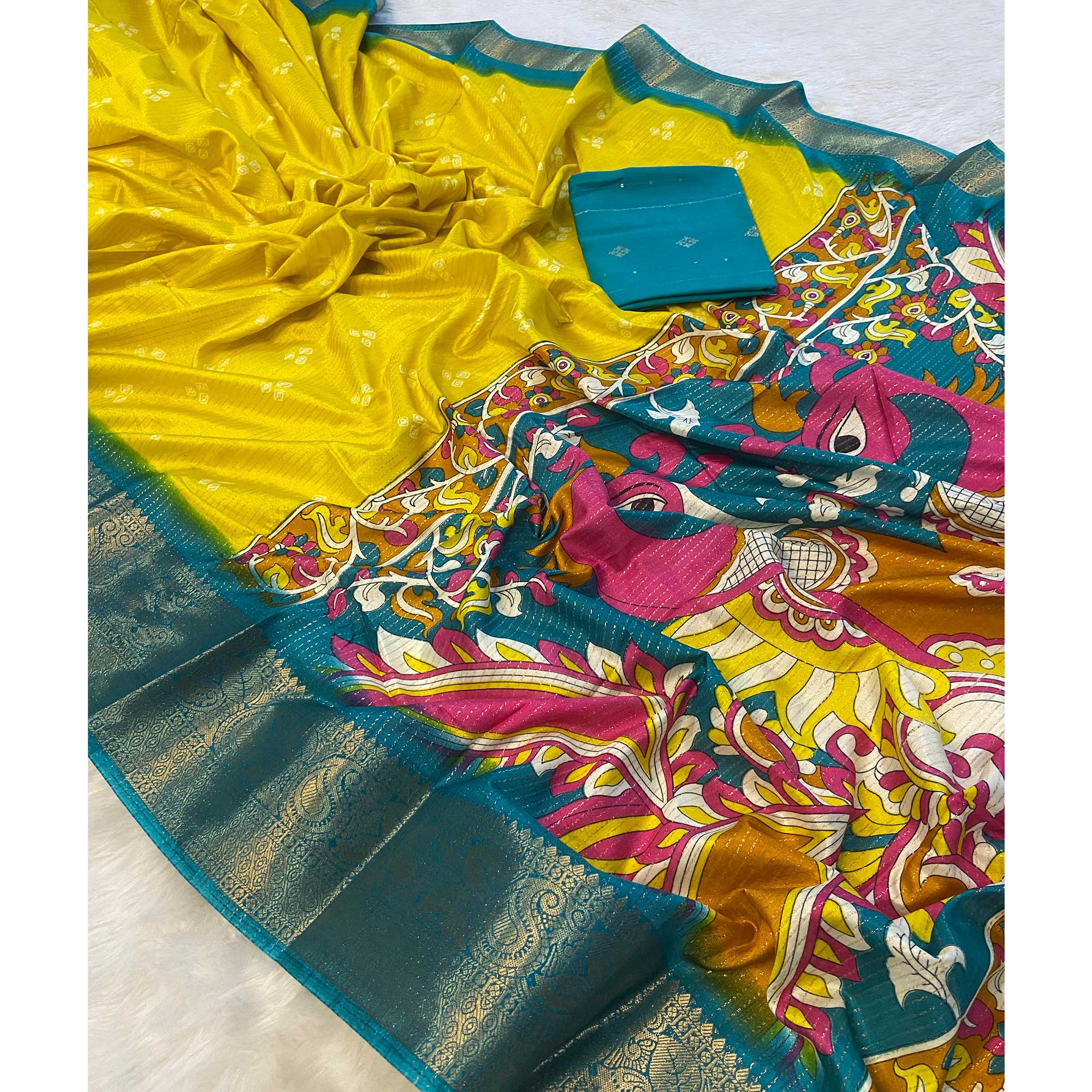 Yellow Bandhani Print Weaving Dola Silk Saree