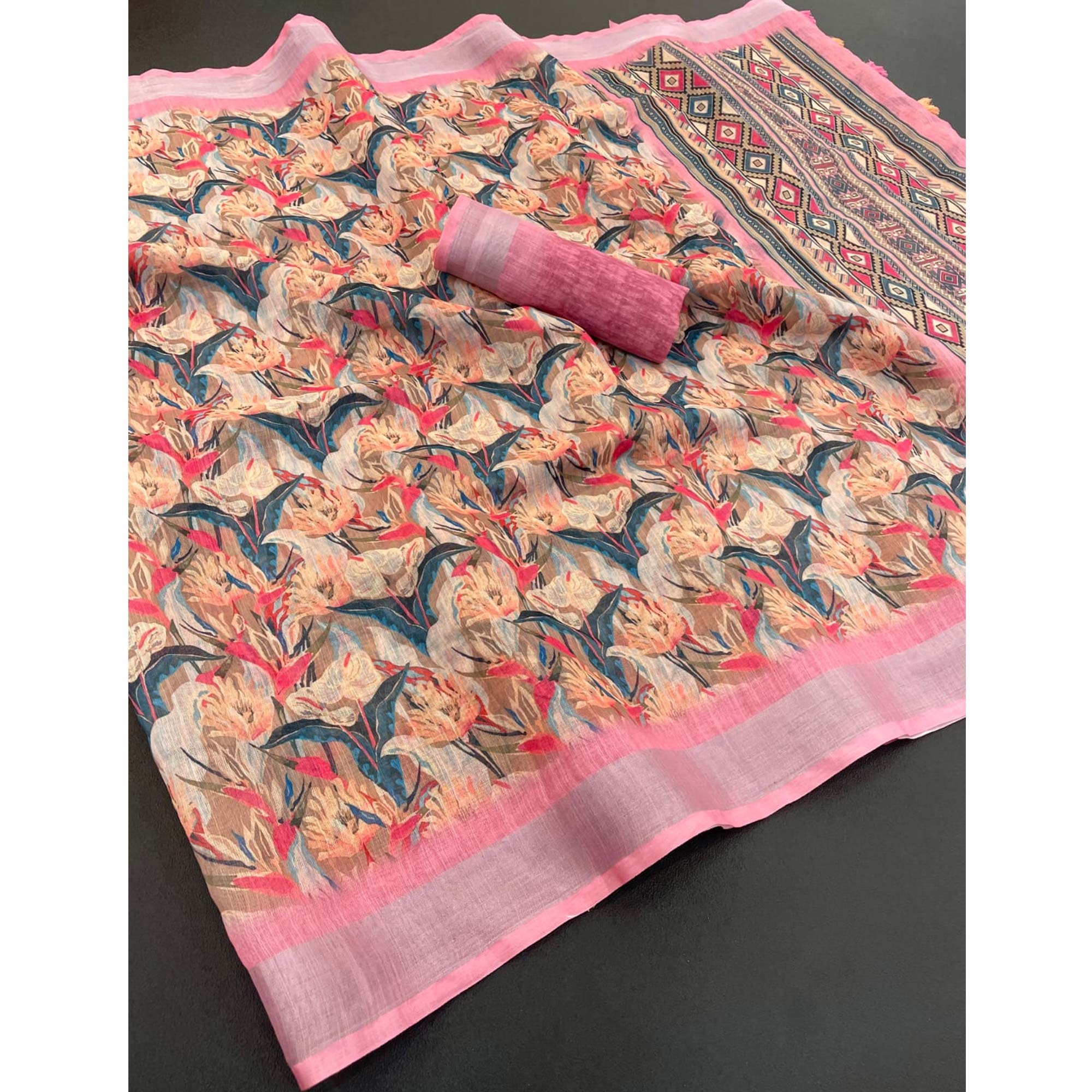 Pink Floral Printed Linen Cotton Saree With Delicate Tassel Detailing