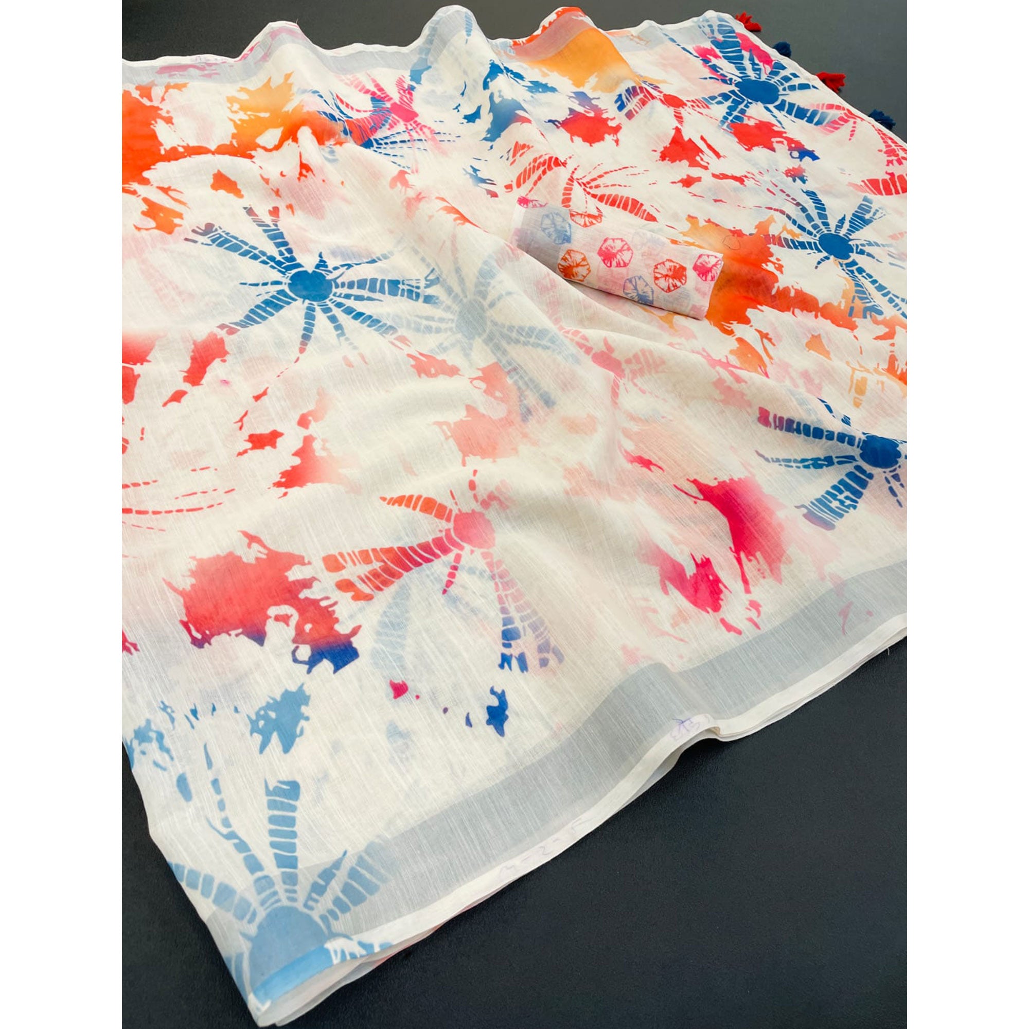 Cream Printed Linen Cotton Saree With Delicate Tassel Detailing