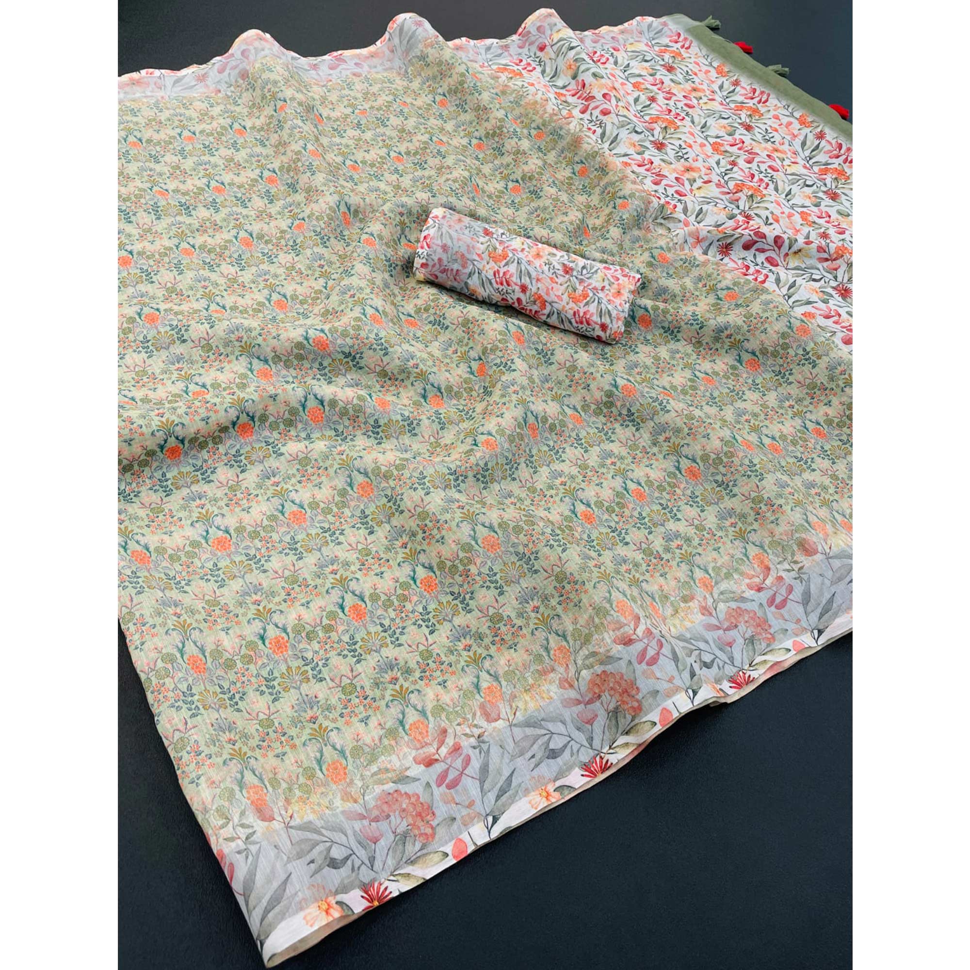 Pista Green Floral Printed Linen Cotton Saree With Delicate Tassel Detailing
