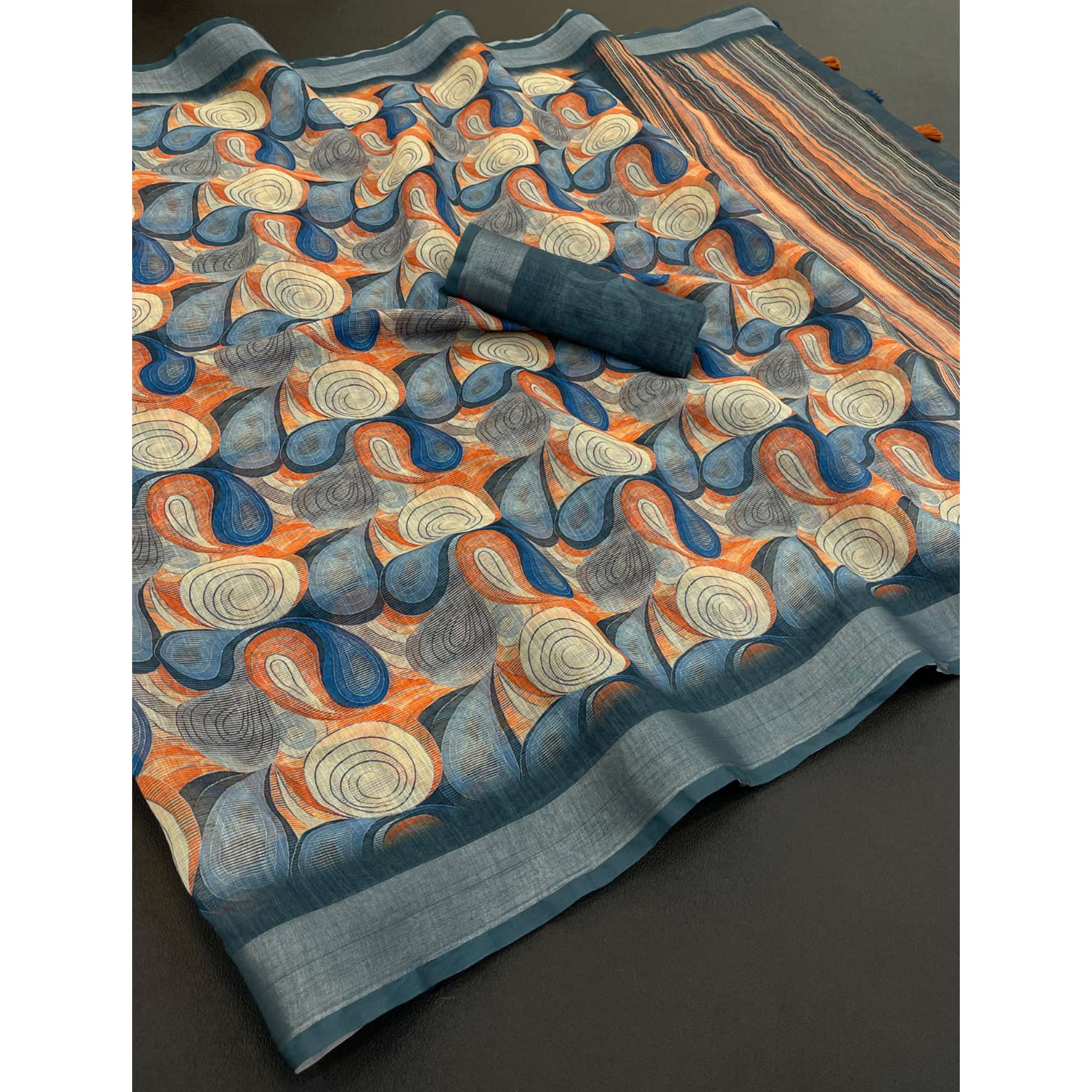 Multicolor Printed Linen Cotton Saree With Delicate Tassel Detailing