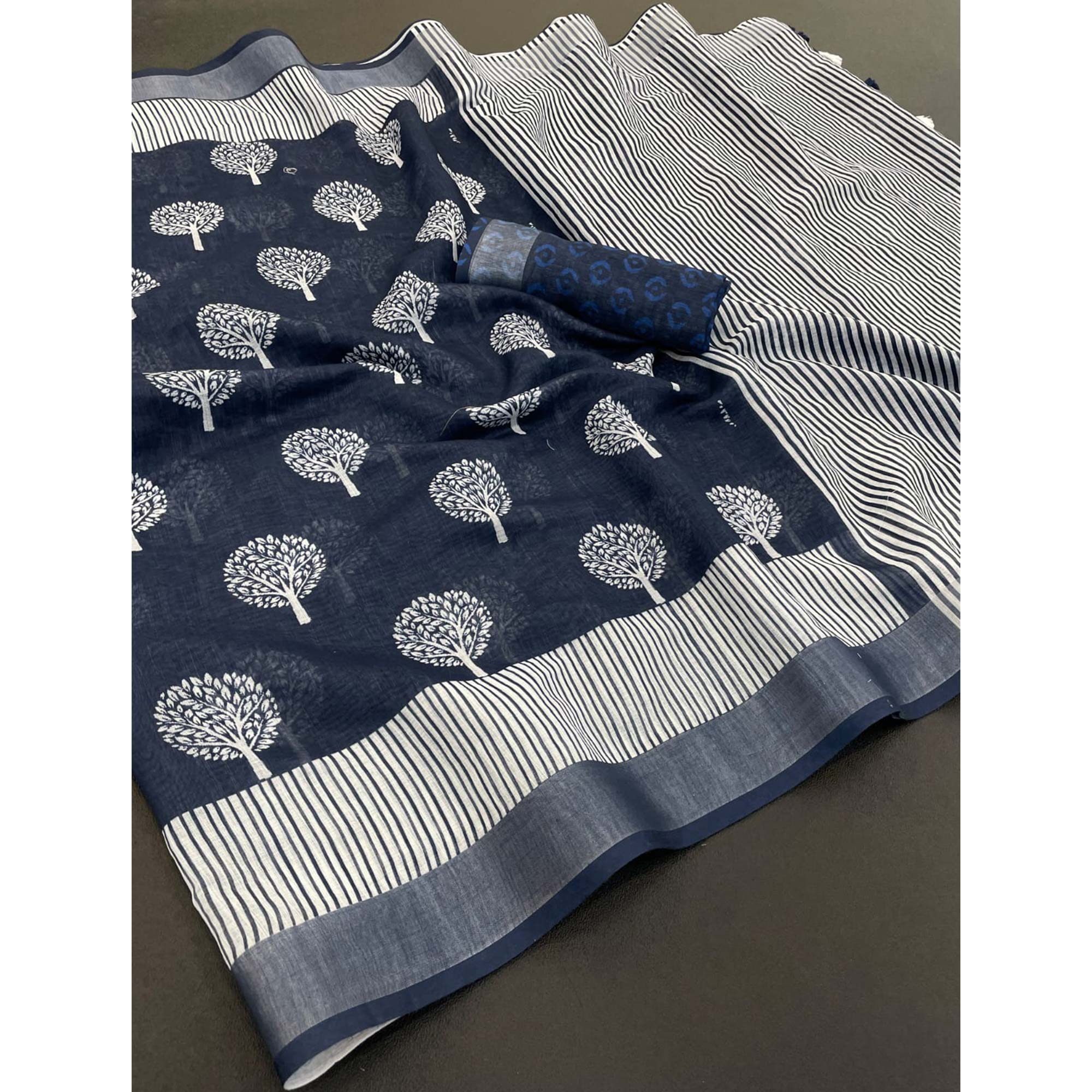 Blue Printed Linen Cotton Saree With Delicate Tassel Detailing