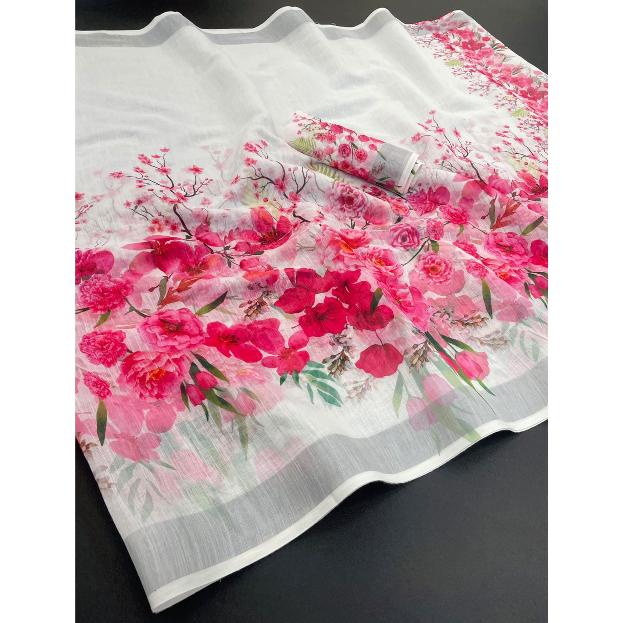 White Floral Printed Linen Cotton Saree With Delicate Tassel Detailing