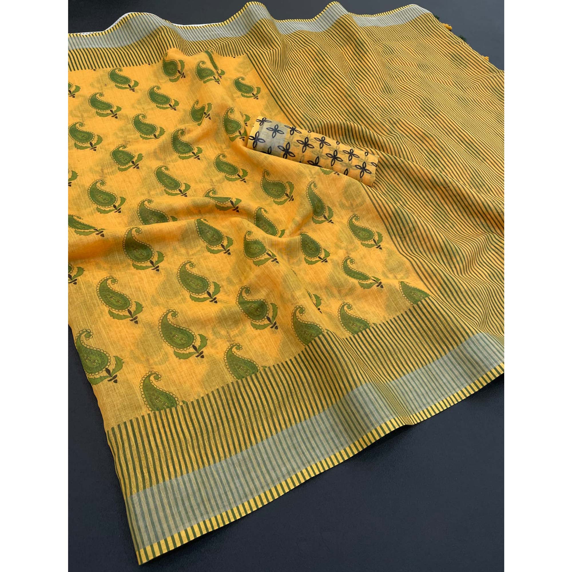 Yellow Printed Linen Cotton Saree With Delicate Tassel Detailing