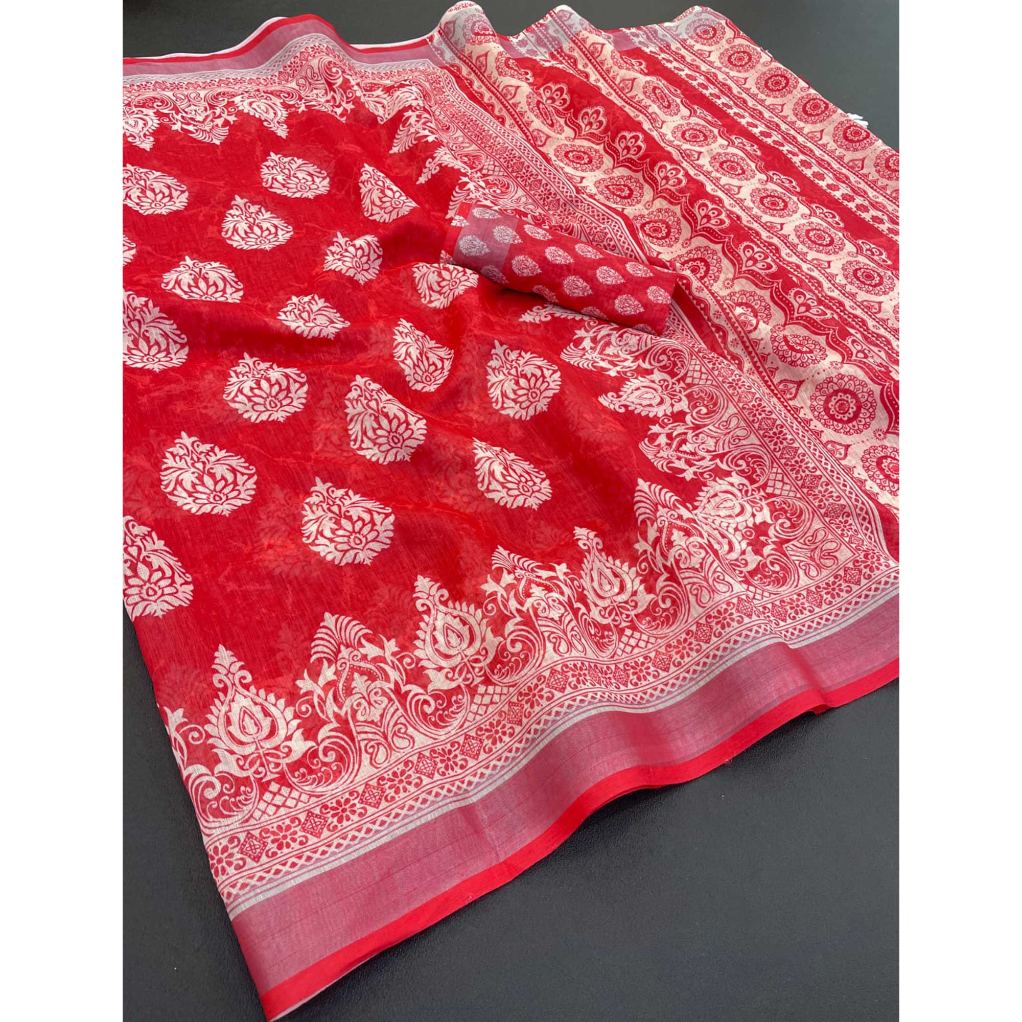 Red Floral Printed Linen Cotton Saree With Delicate Tassel Detailing