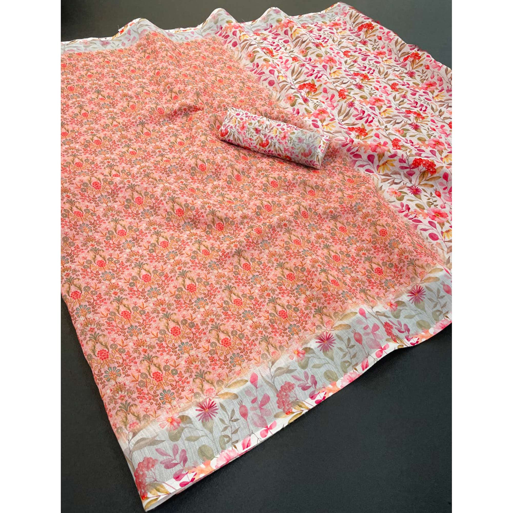 Peach Floral Printed Linen Cotton Saree With Delicate Tassel Detailing