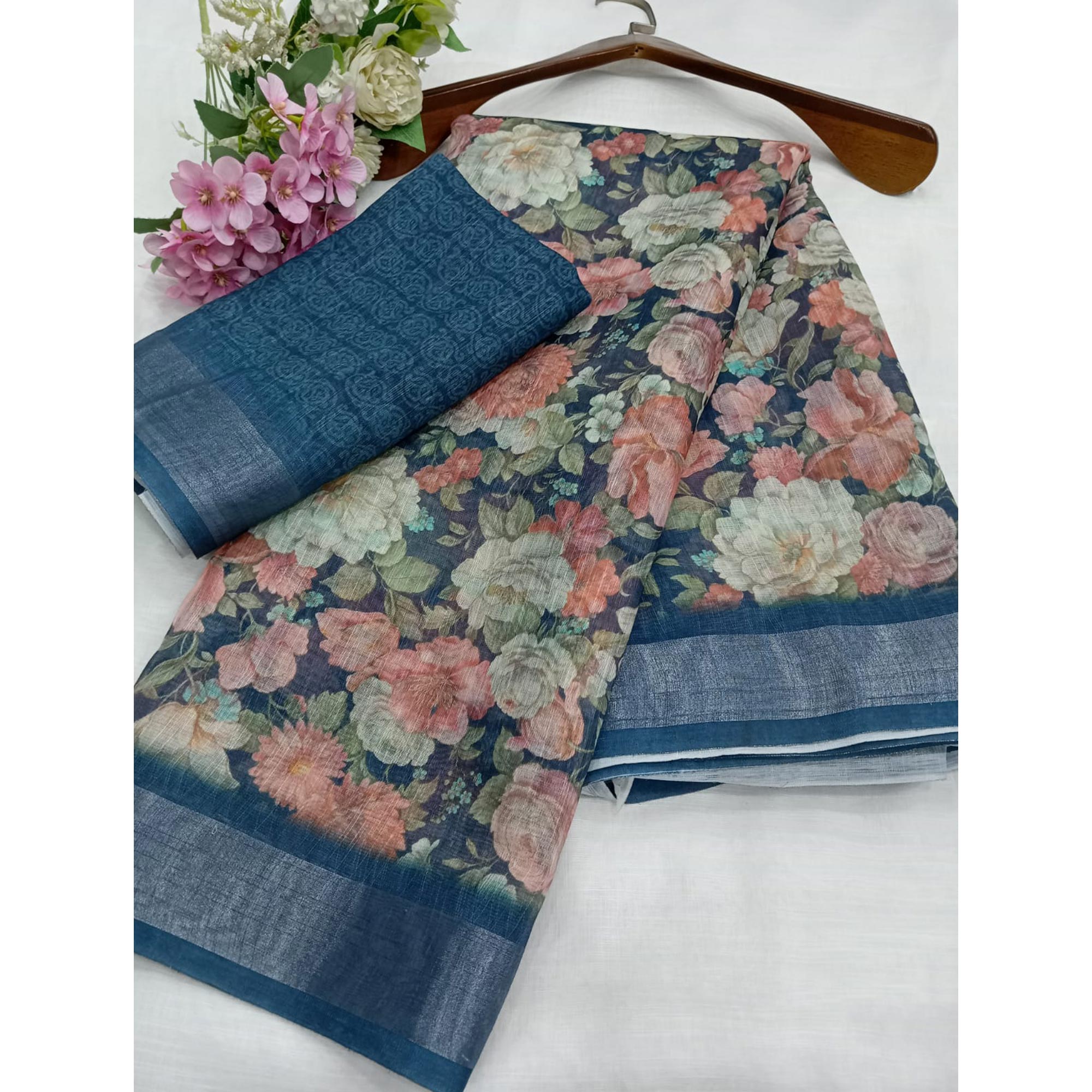 Blue Floral Digital Printed Linen Saree