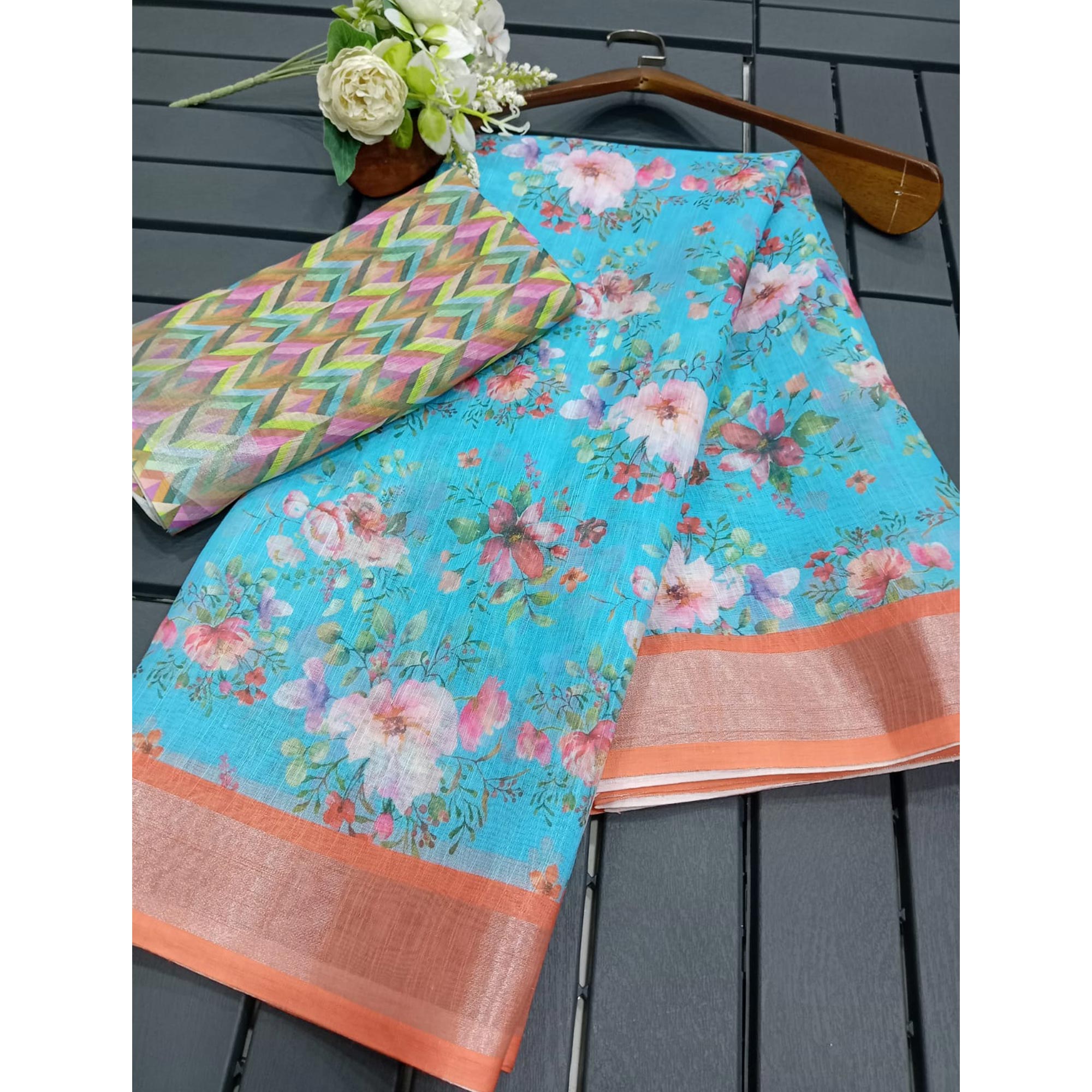 Sky Blue Floral Digital Printed Linen Saree
