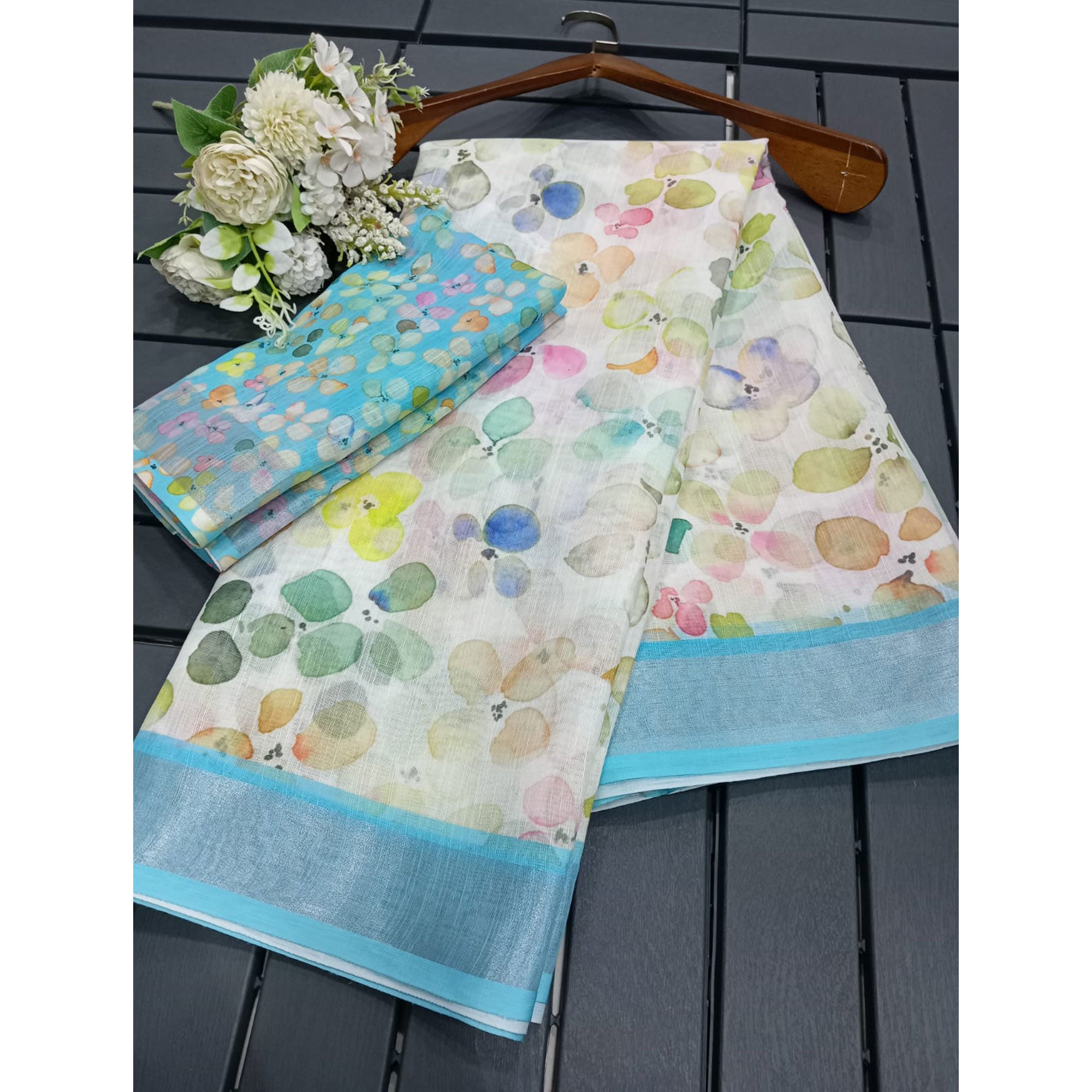White & Blue Floral Digital Printed Linen Saree
