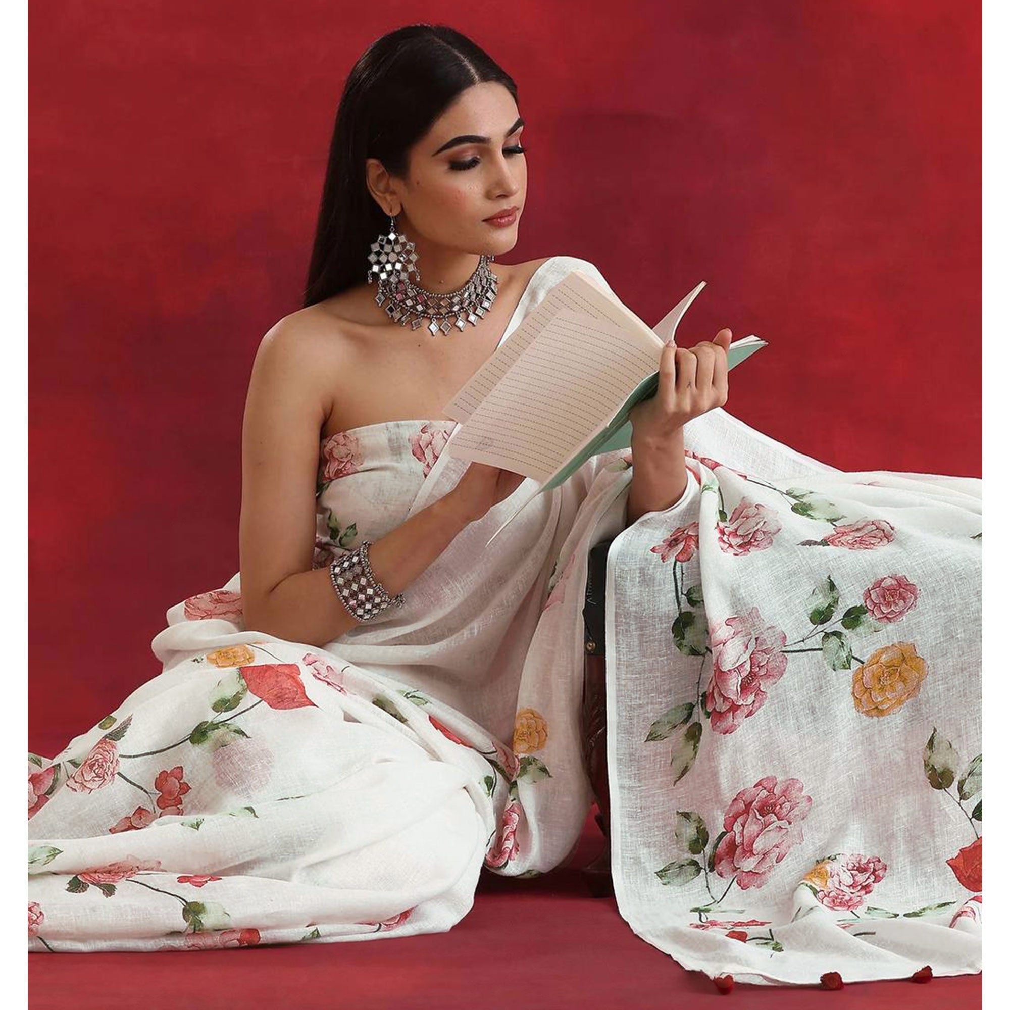 White Floral Digital Printed Linen Saree