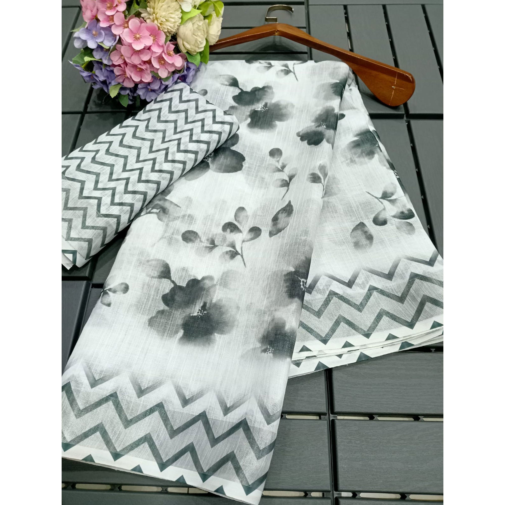 White & Grey Floral Printed Linen Saree