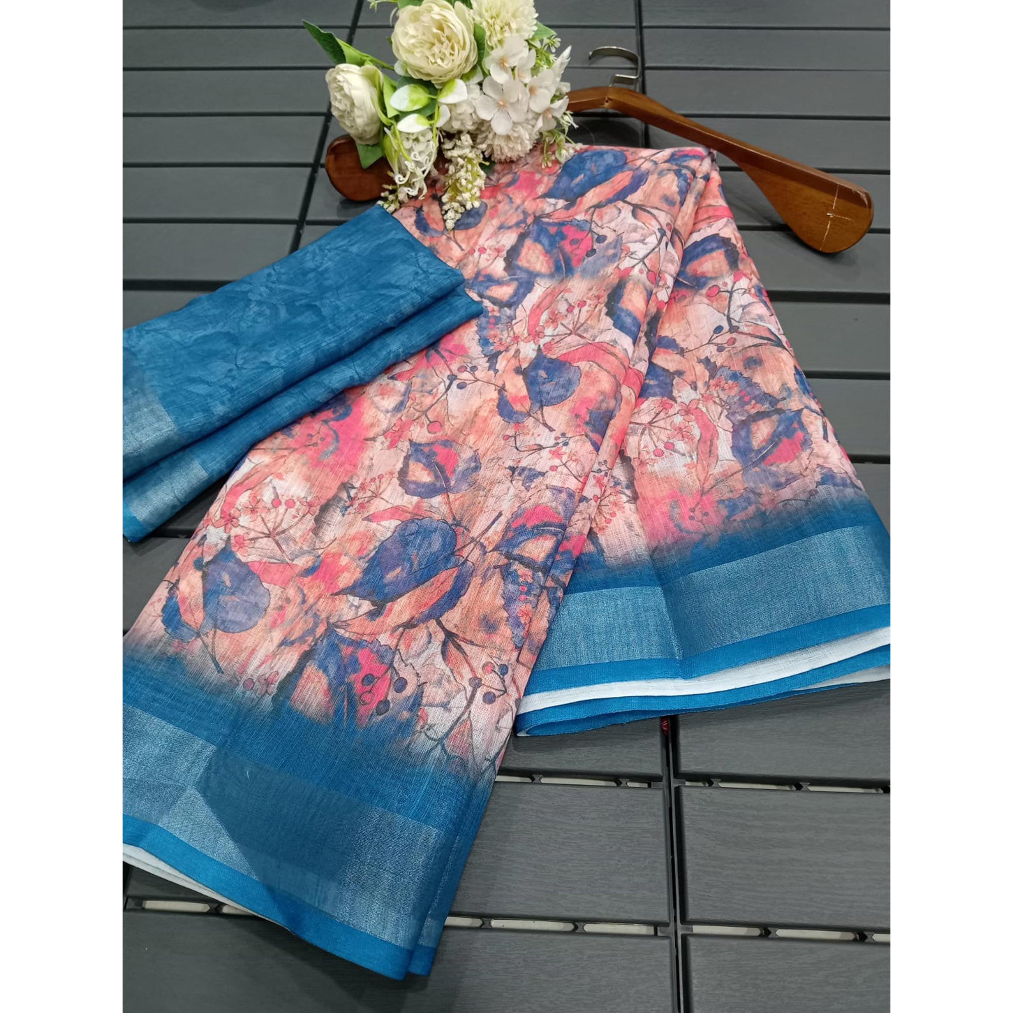 Peach & Blue Floral Printed Linen Saree