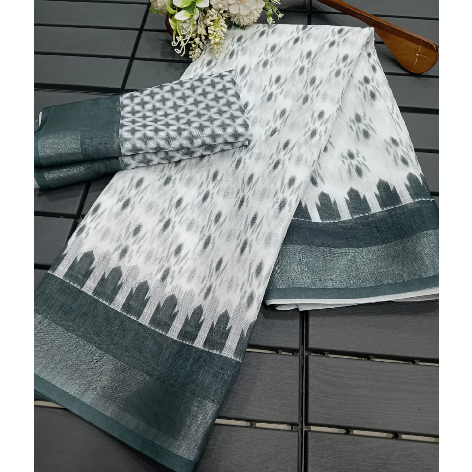 White & Grey Ikkat Printed Linen Saree