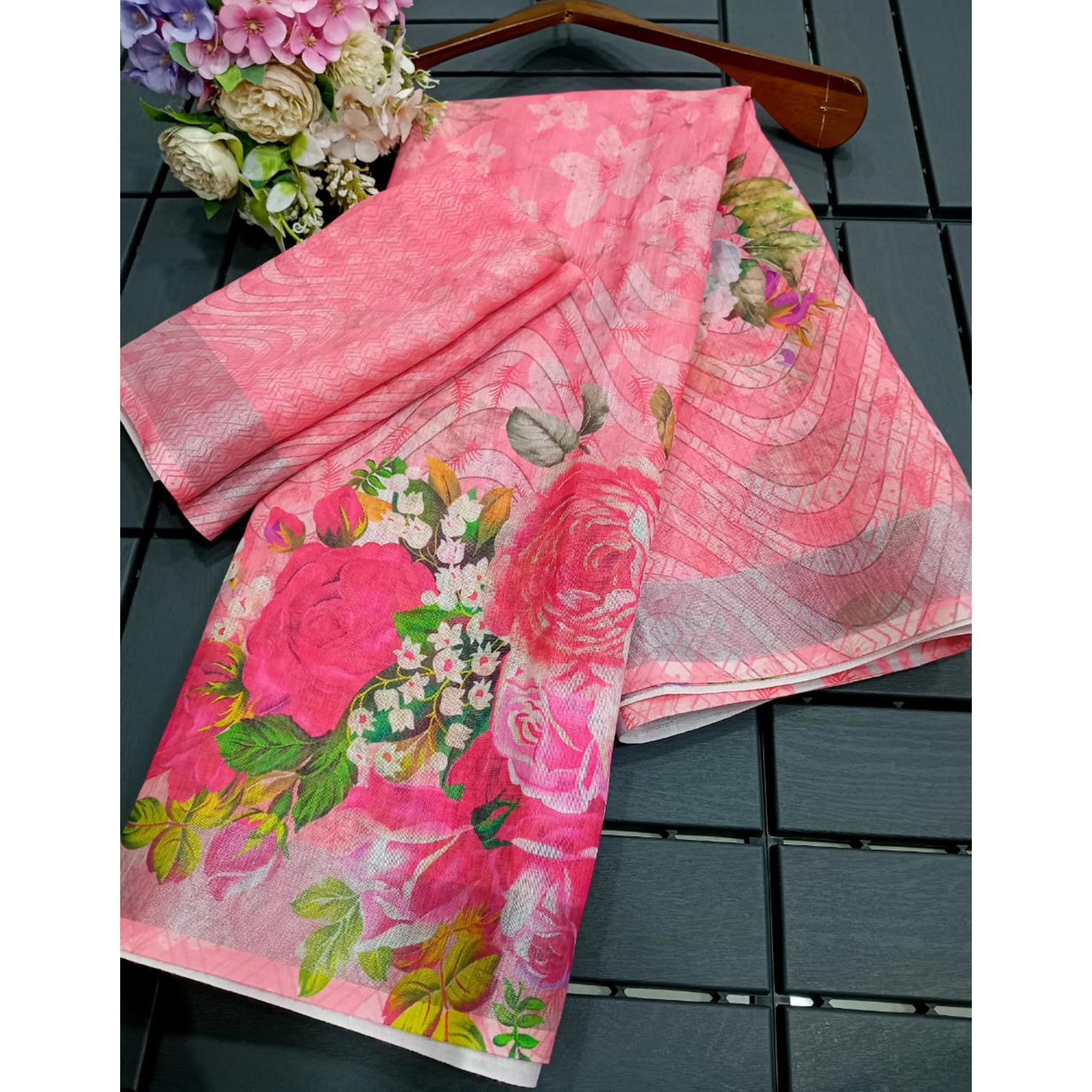 Gajri Pink Floral Printed Linen Saree