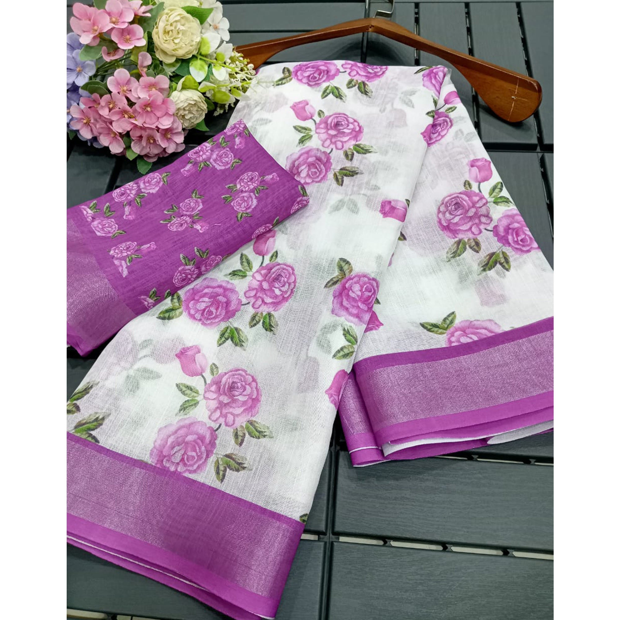 White & Purple Floral Printed Linen Saree