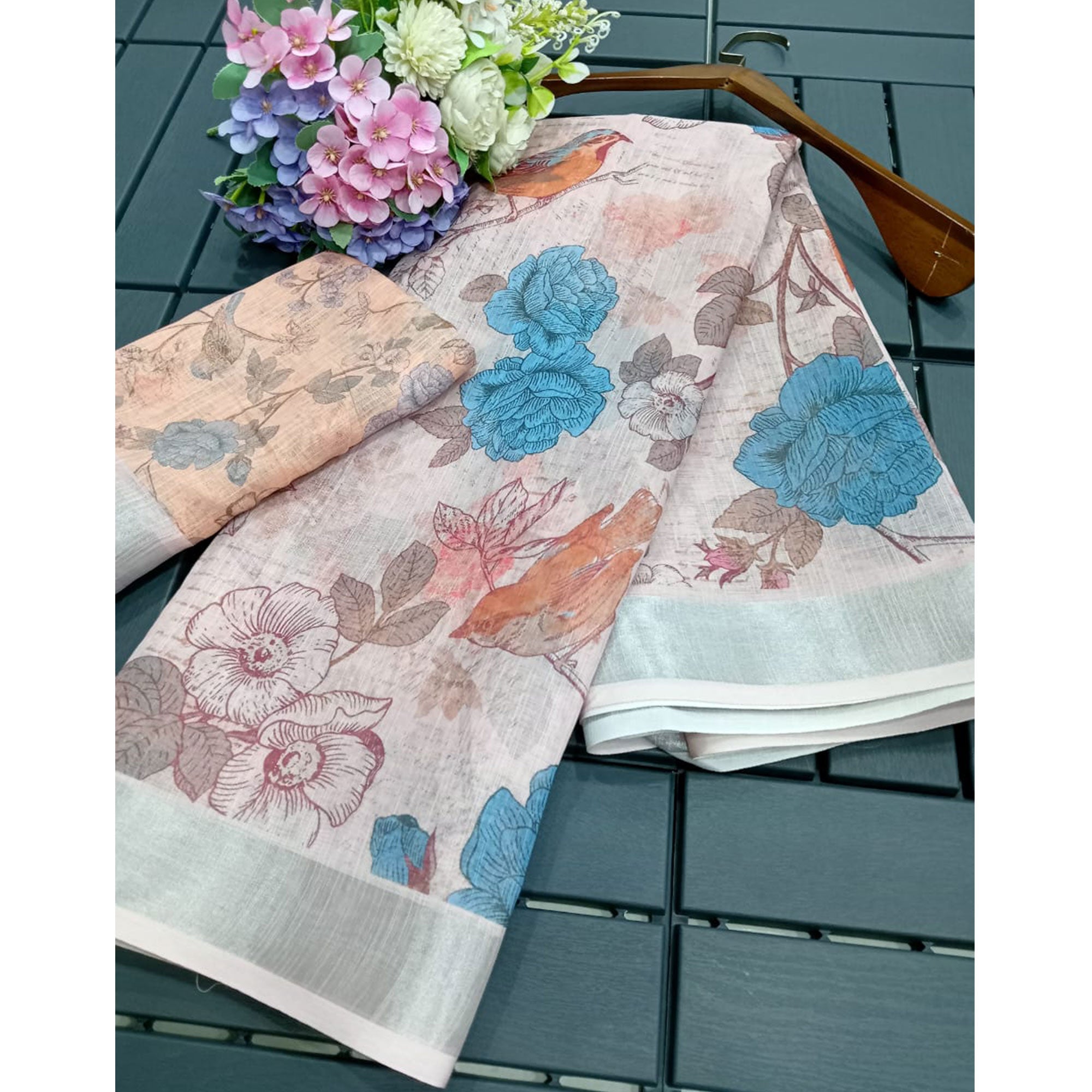 Cream Floral Printed Linen Saree