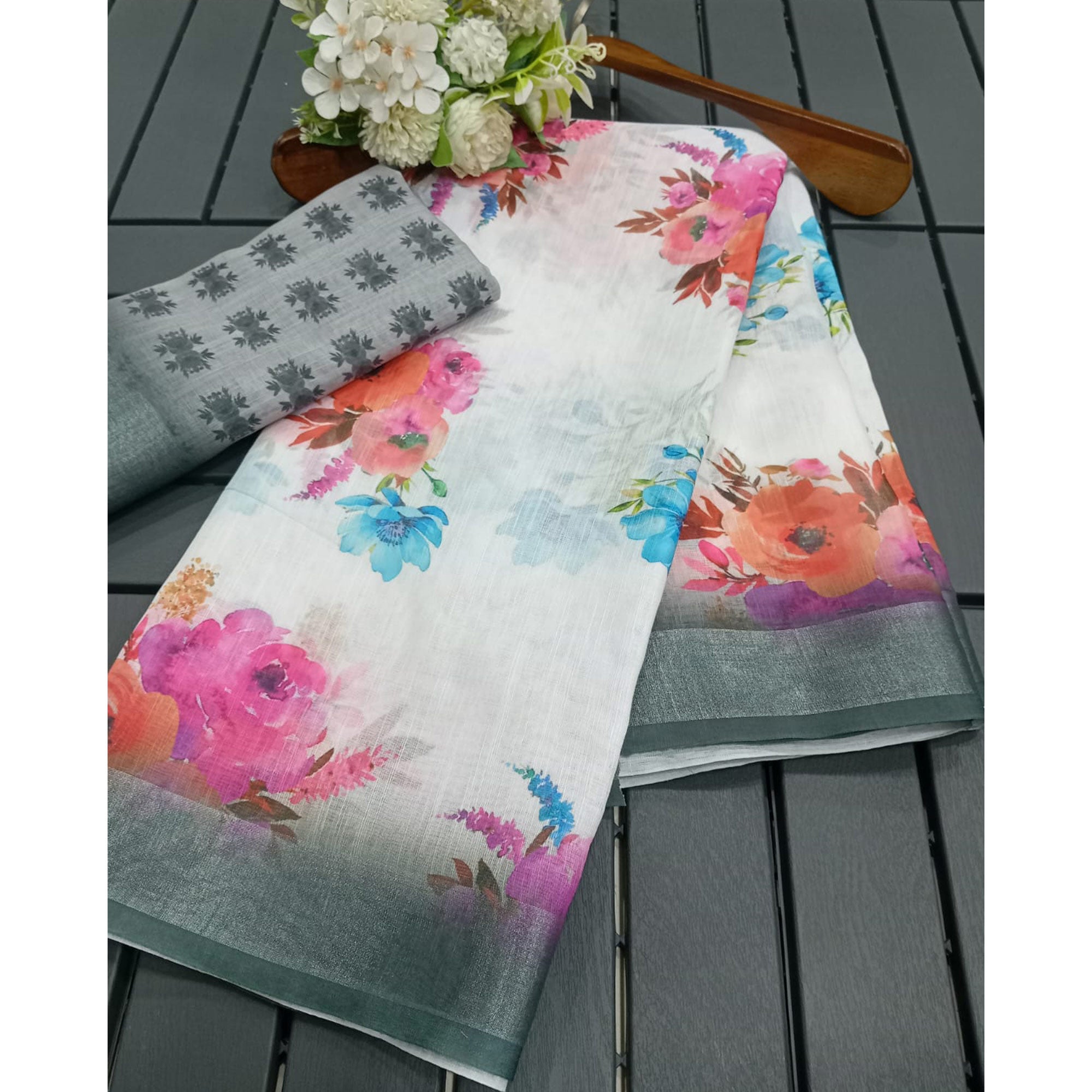 White & Grey Floral Printed Linen Saree