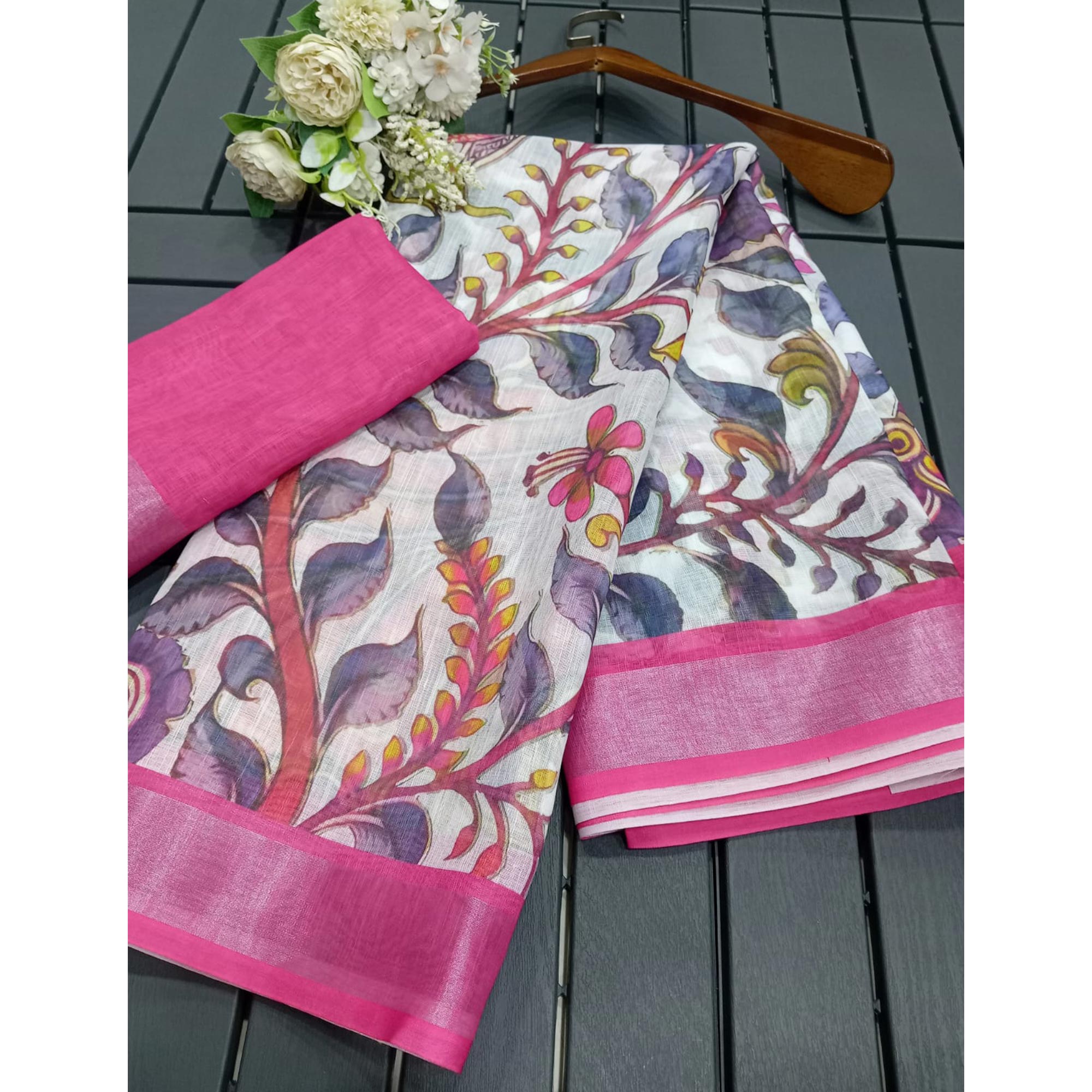 White & Pink Floral Printed Linen Saree