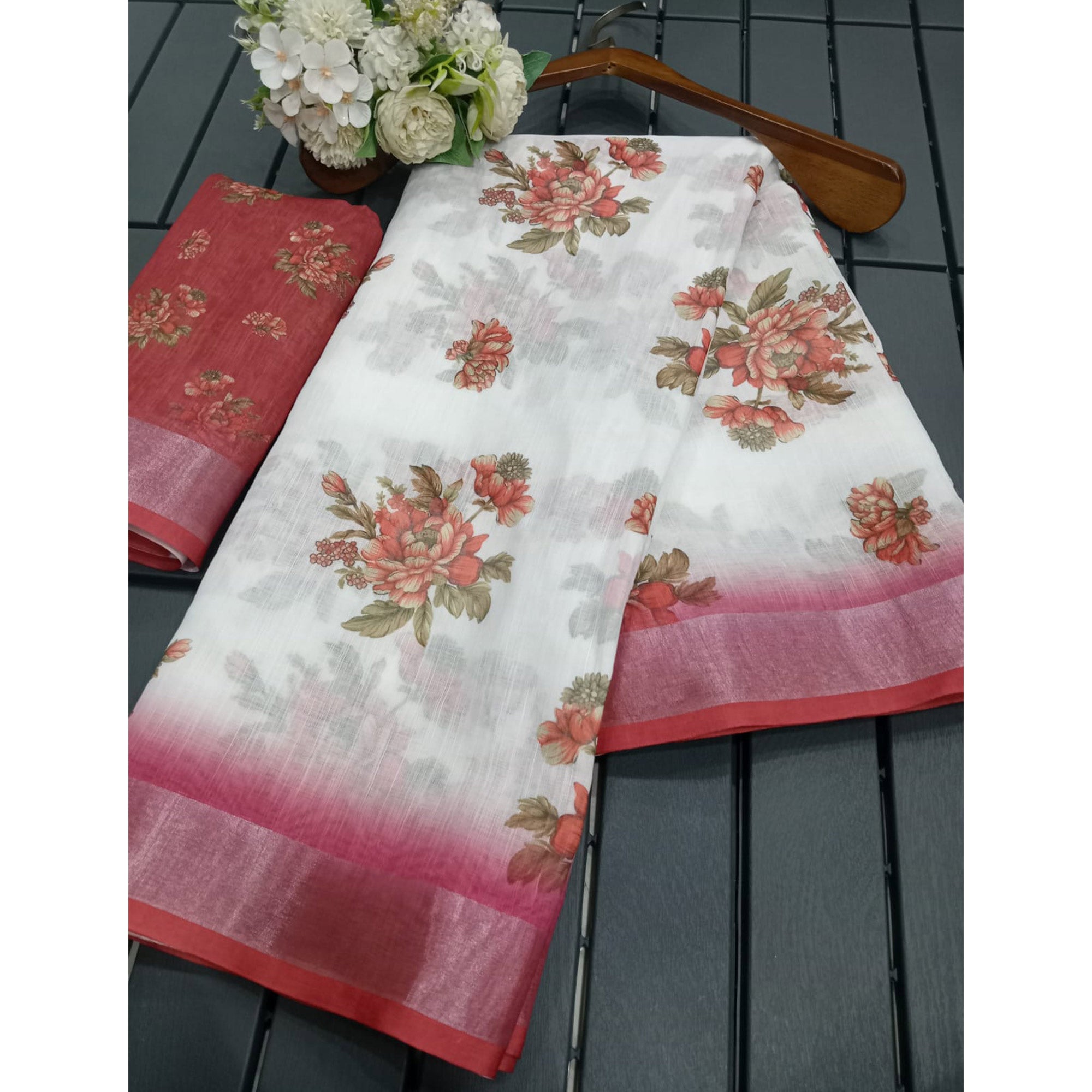 White & Red Floral Printed Linen Saree