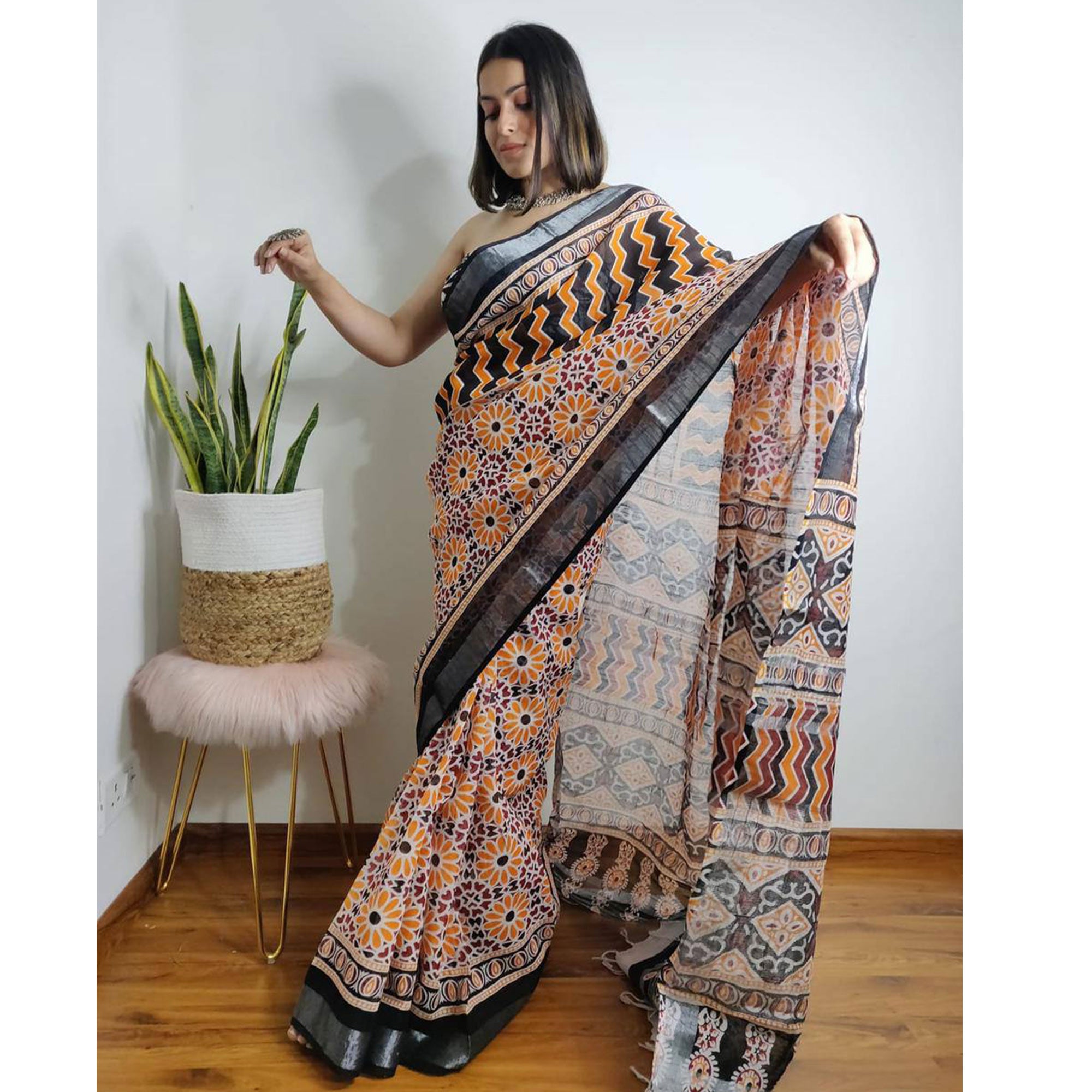 Yellow & White Floral Digital Printed Linen Saree