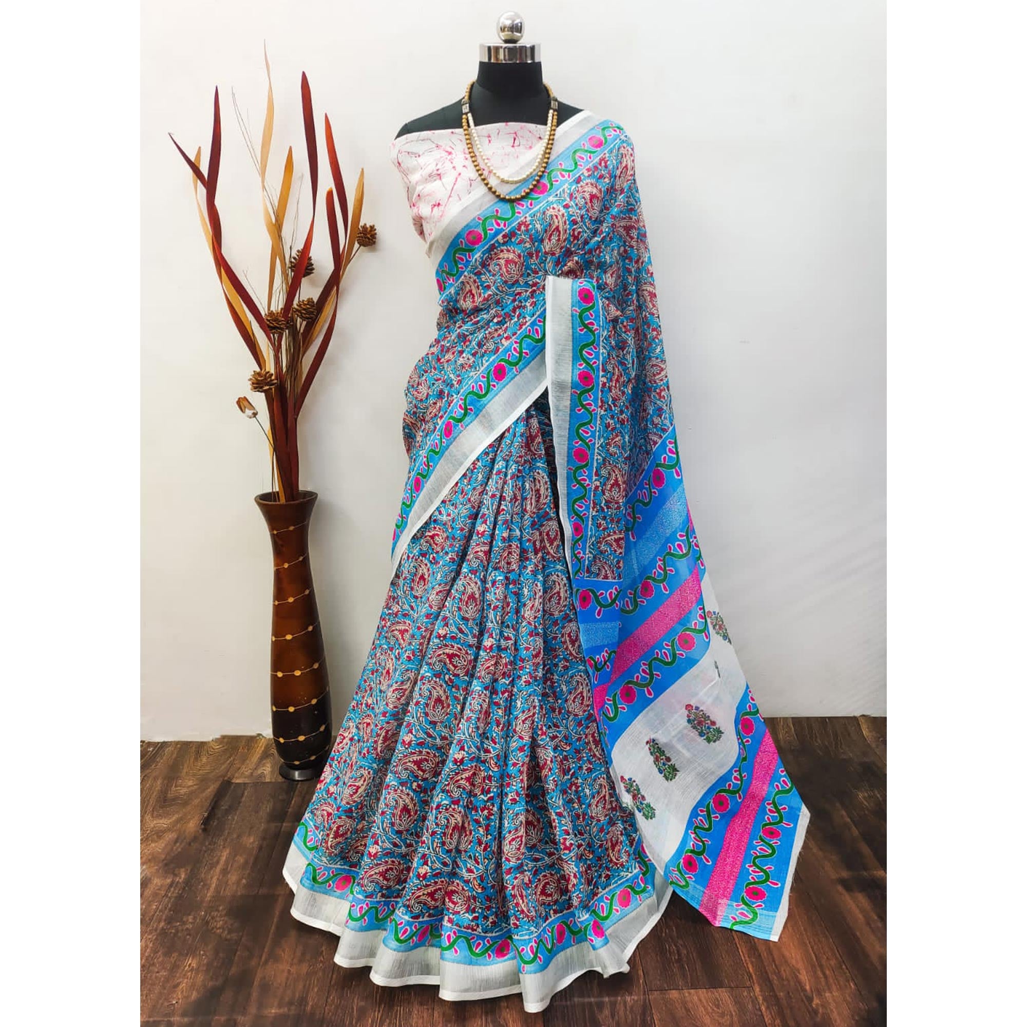 Blue & white Paisley Digital Printed Linen Saree