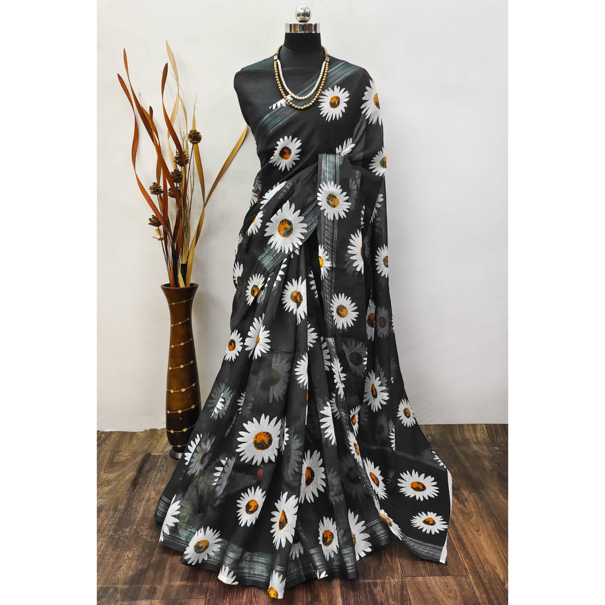 Black Floral Digital Printed Linen Saree