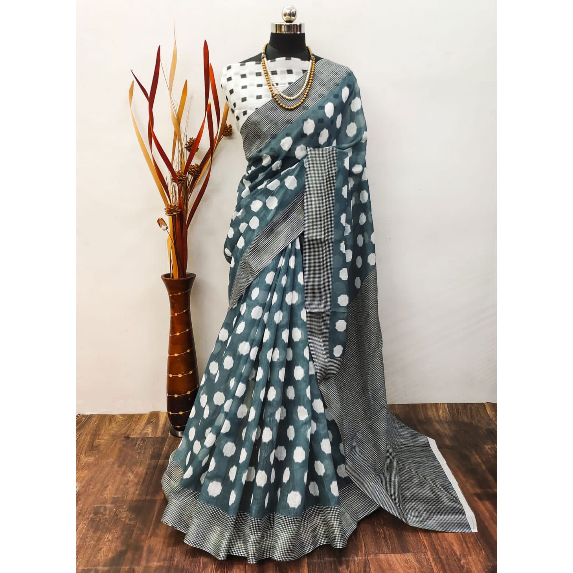 Grey Digital Printed Linen Saree