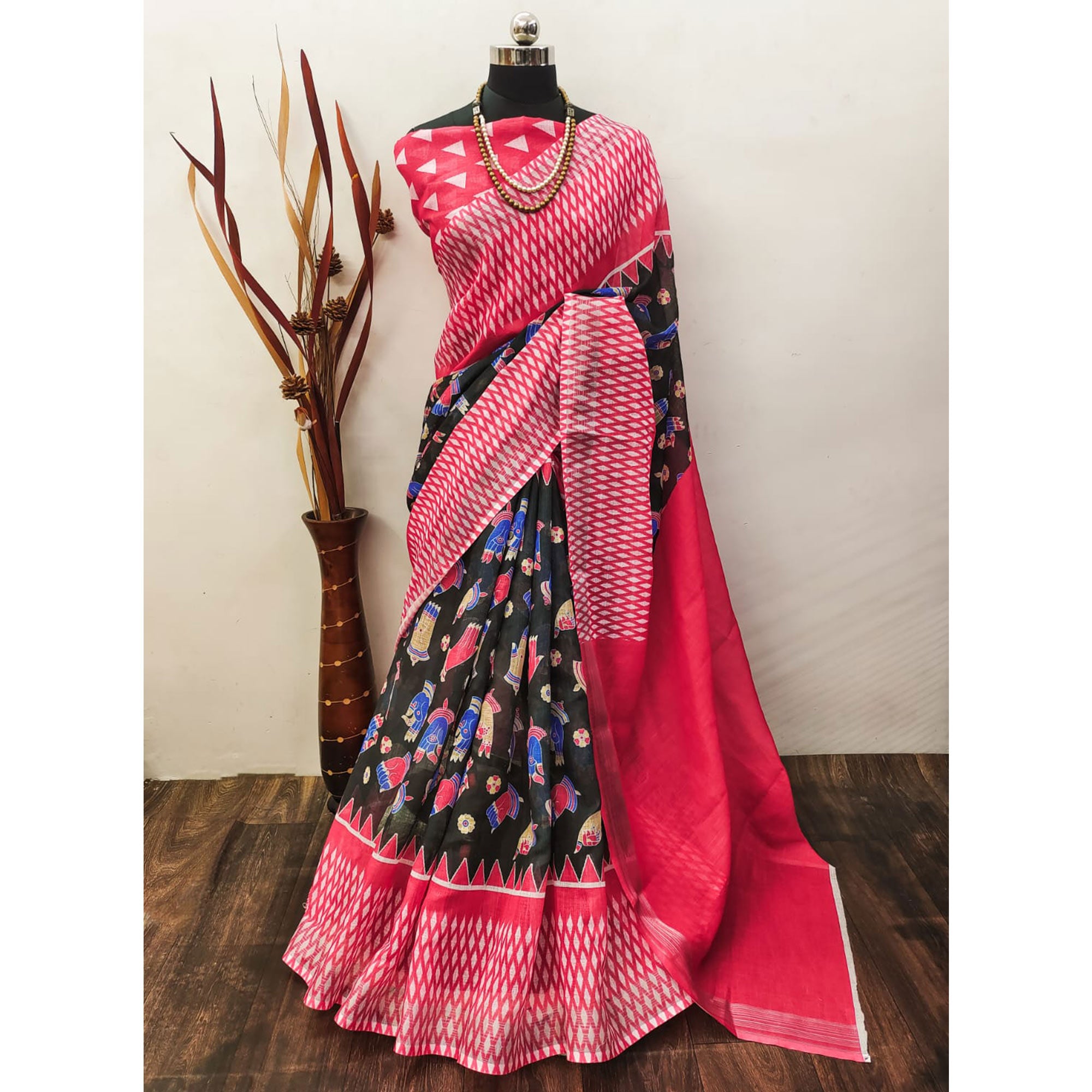 Black & Red Digital Printed Linen Saree