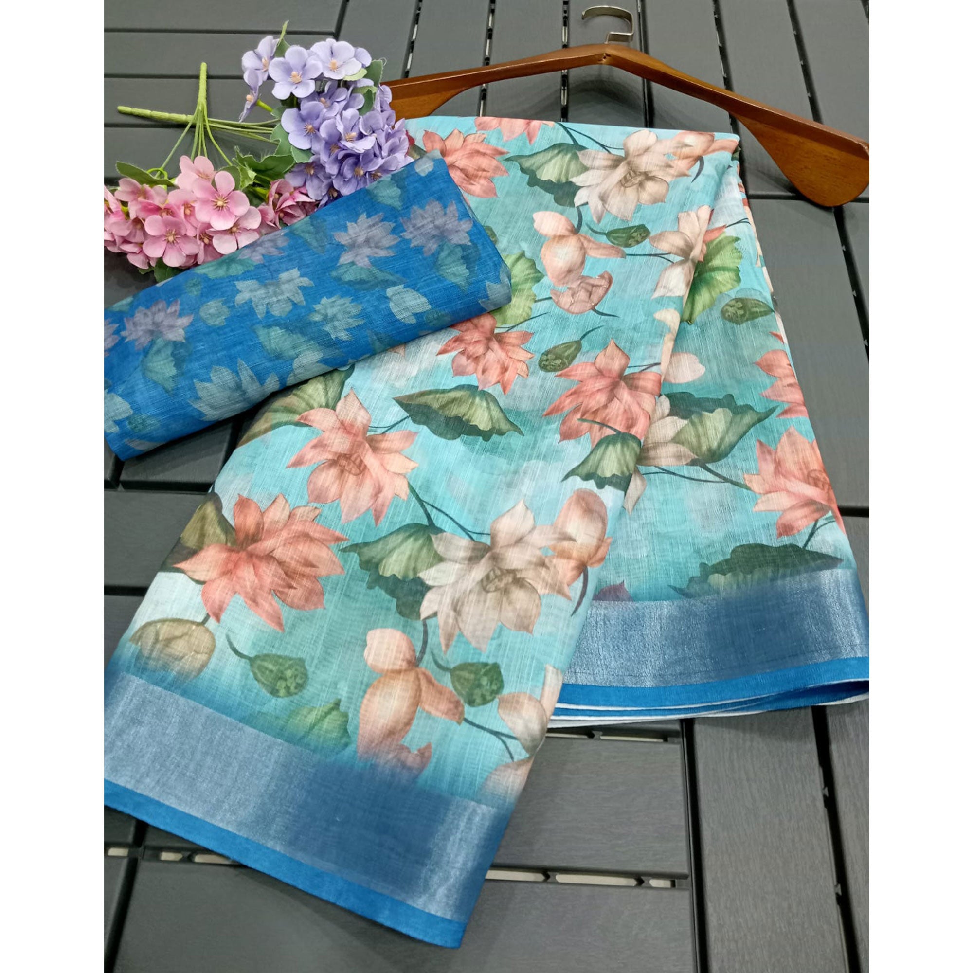 Turquoise Printed Linen Saree