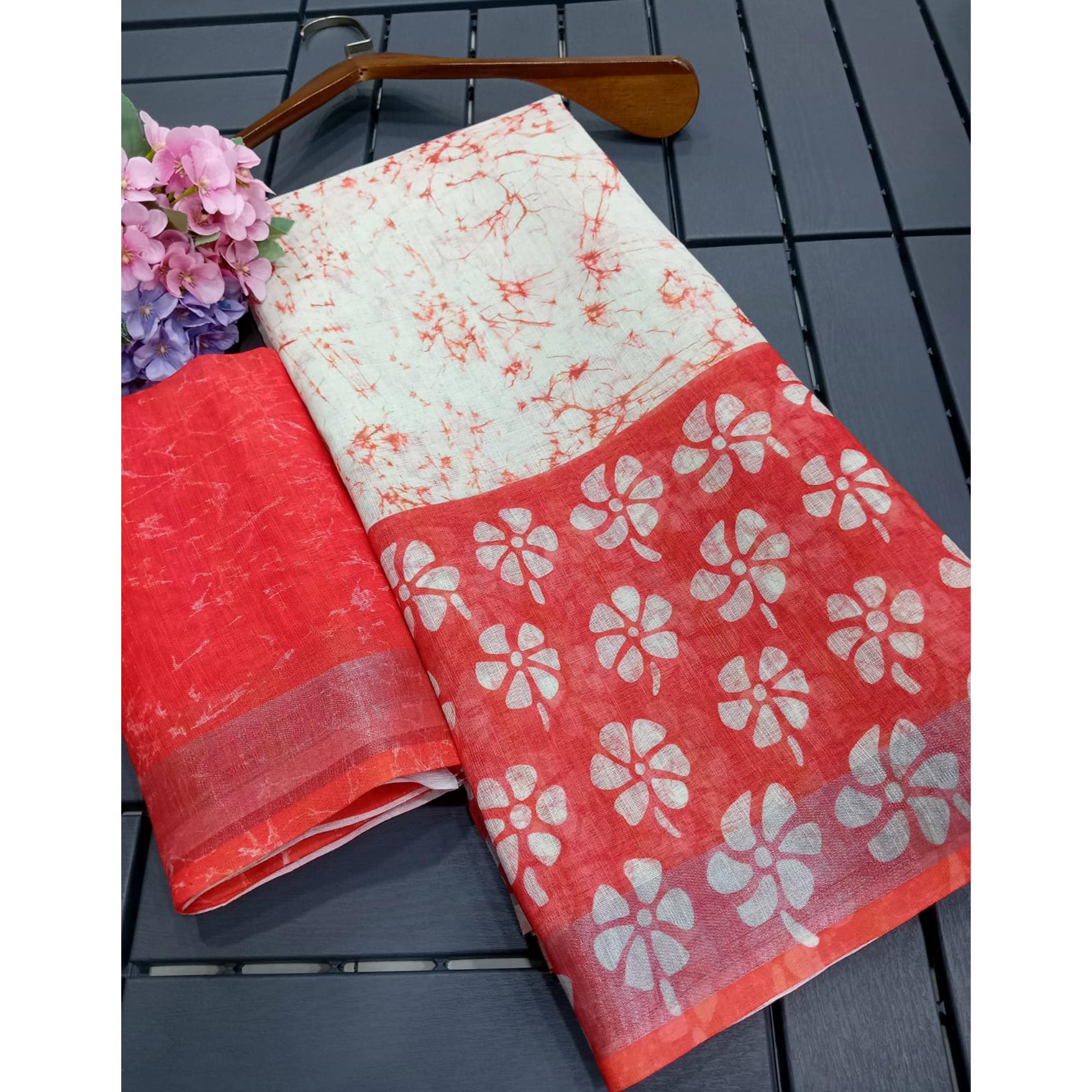 White & Red Printed Linen Saree