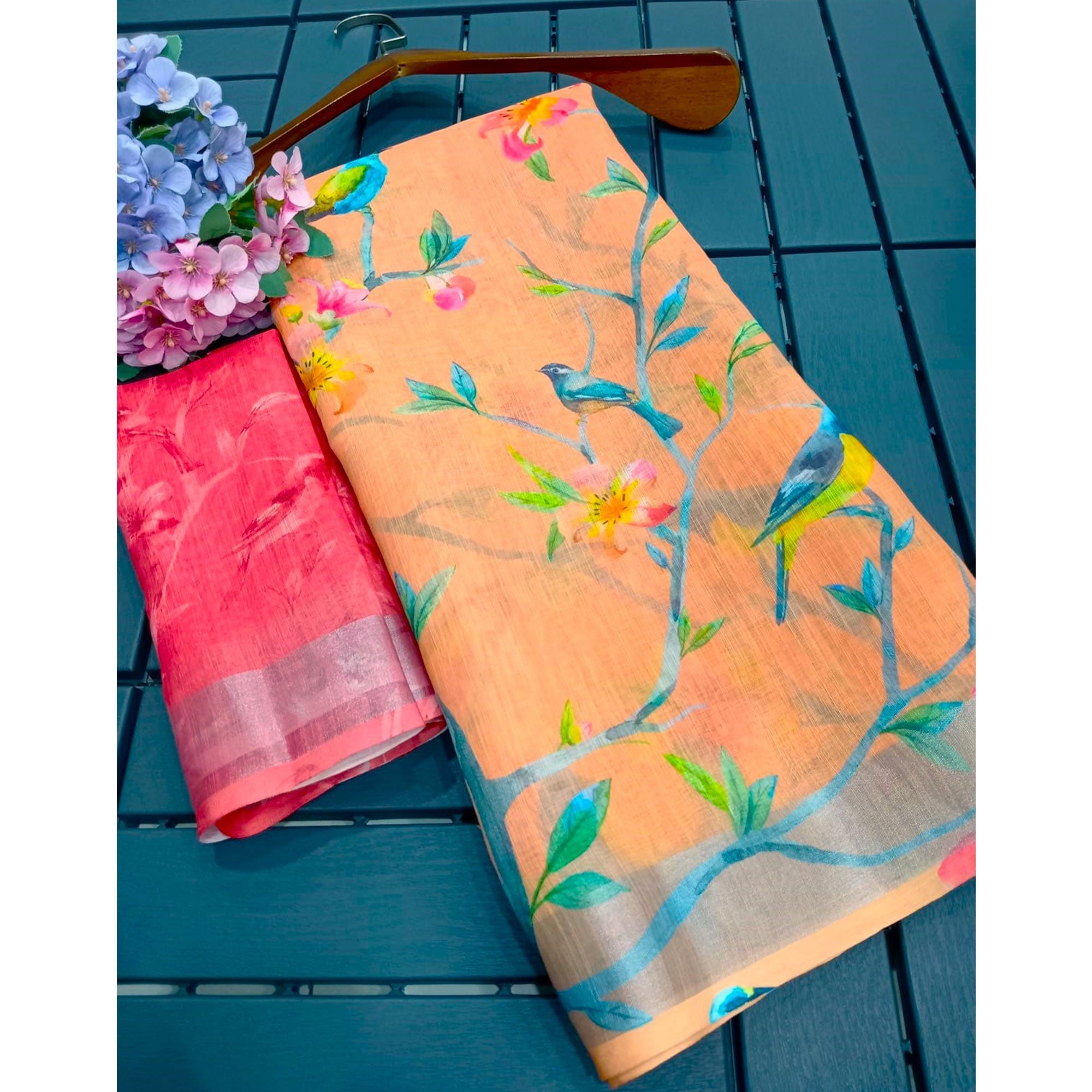 Orange Printed Linen Saree