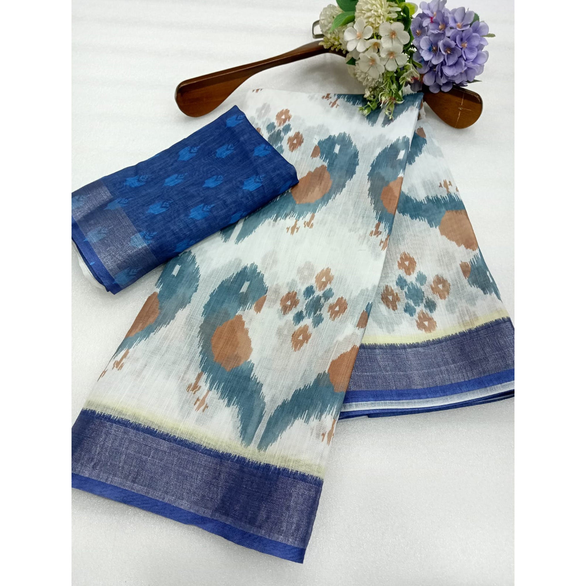 Blue Ikkat Printed Linen Saree