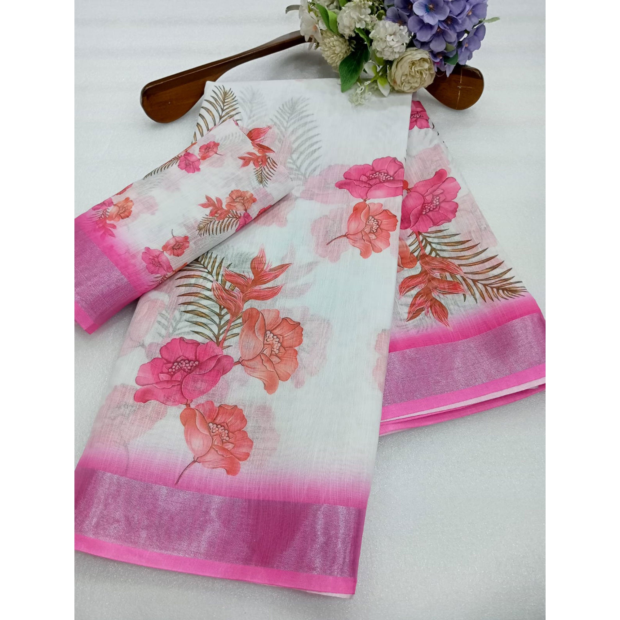 Pink Floral Printed Linen Saree