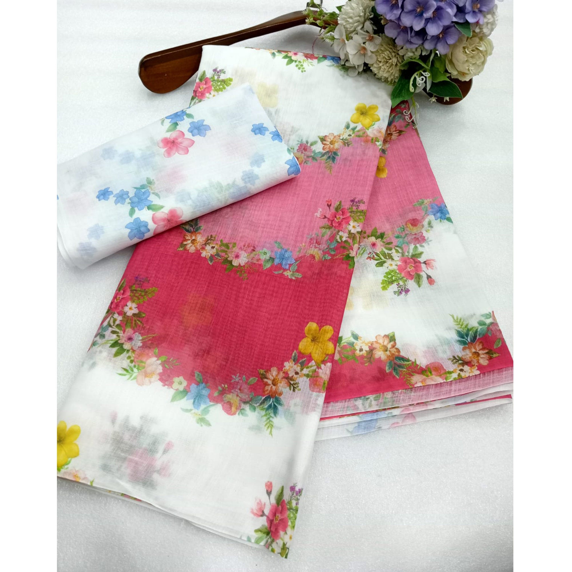 Pink Floral Printed Linen Saree