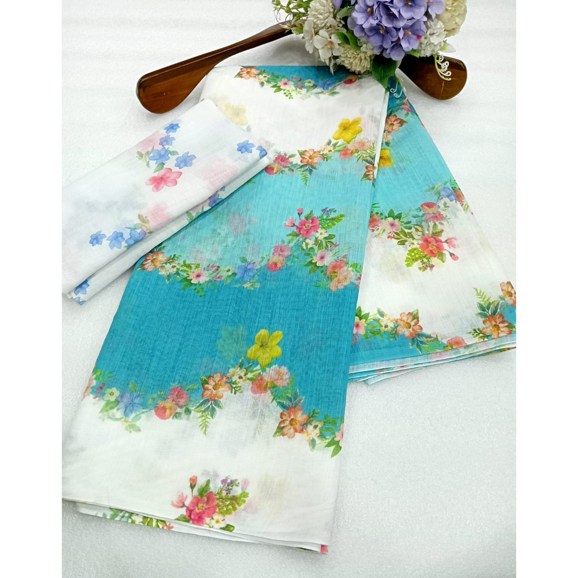 Blue Floral Printed Linen Saree