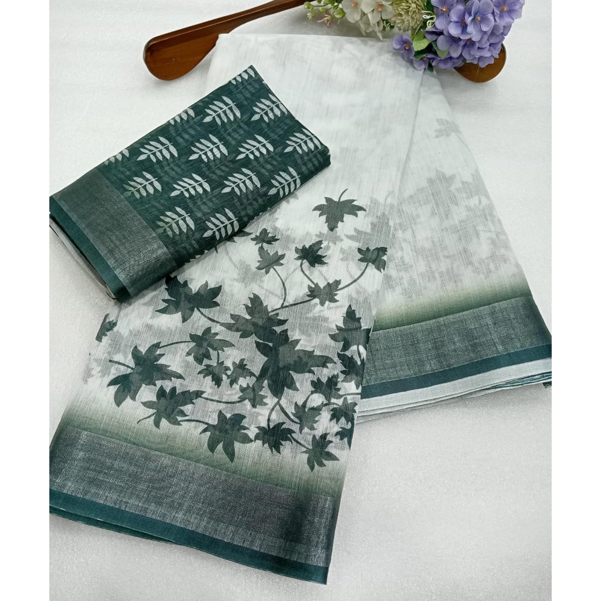 Green Floral Printed Linen Saree