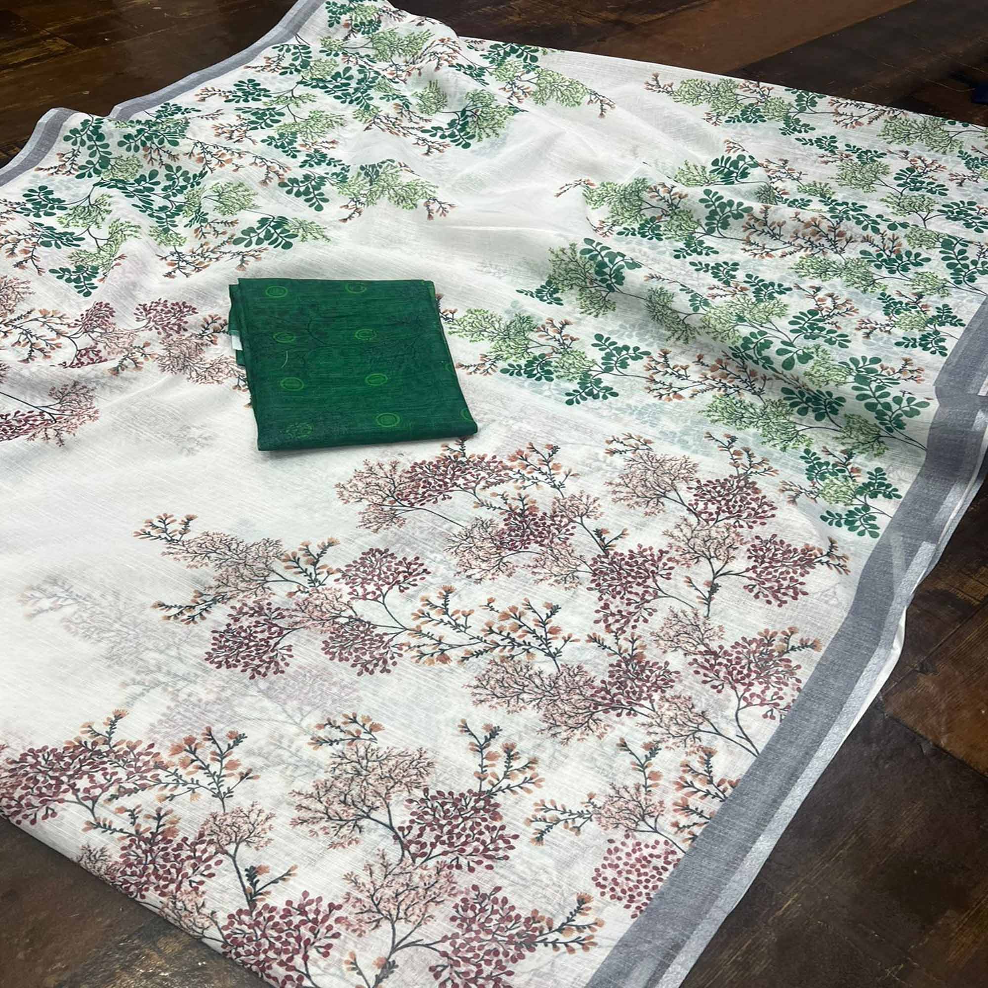 White & Green Floral Digital Printed Linen Saree with Zari Border