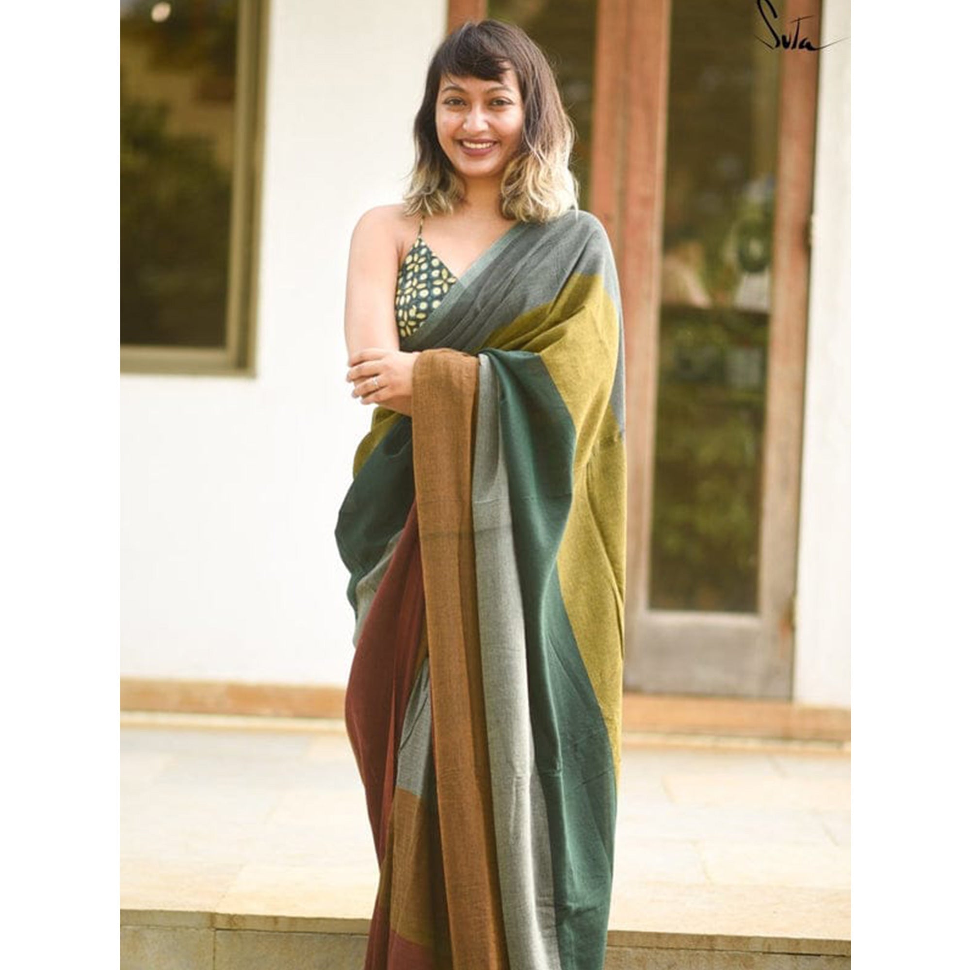 Multicolor Digital Printed Linen Saree with Zari Border