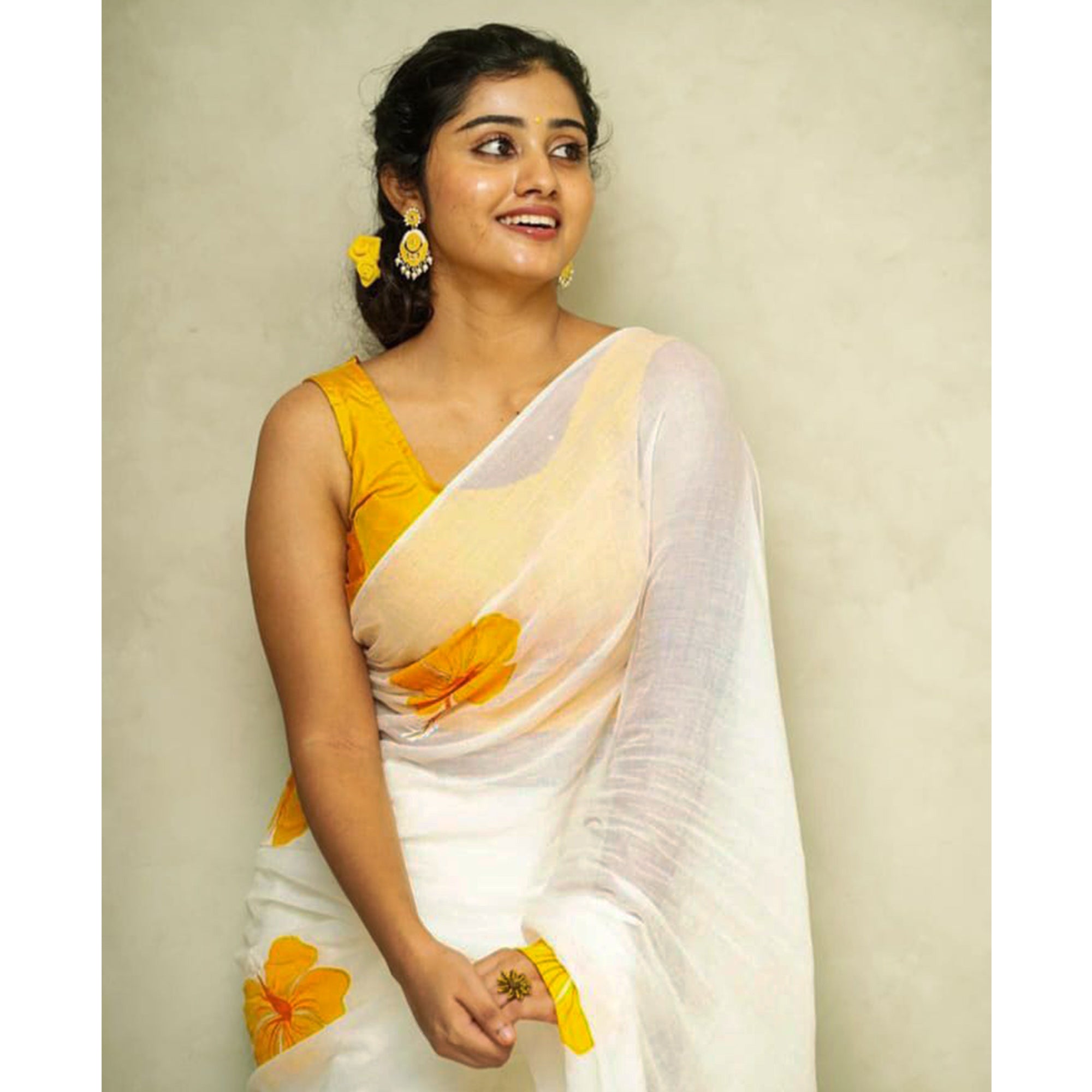 White & Yellow Floral Digital Printed Linen Saree with Zari Border