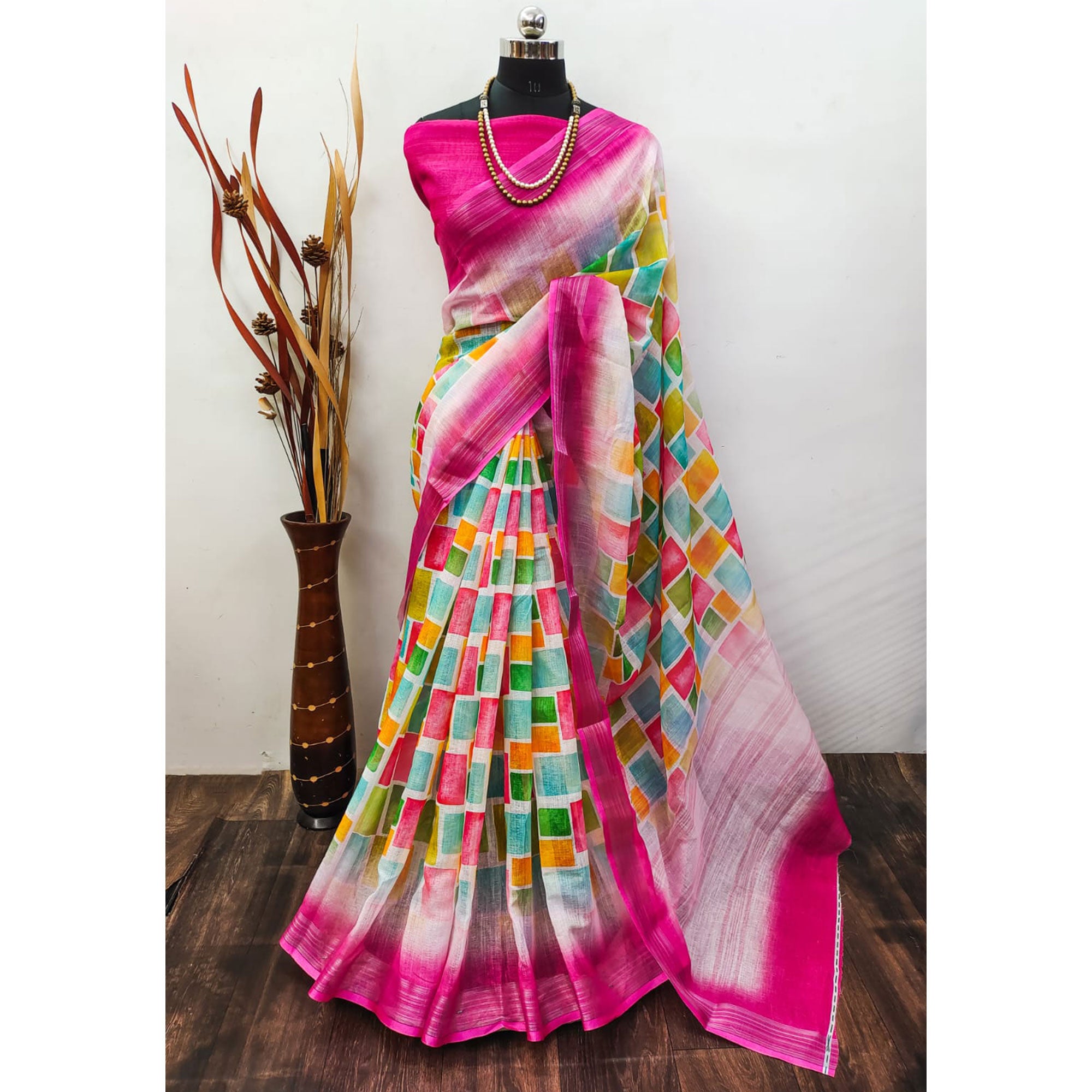 Multicolor Floral Digital Printed Linen Saree with Zari Border