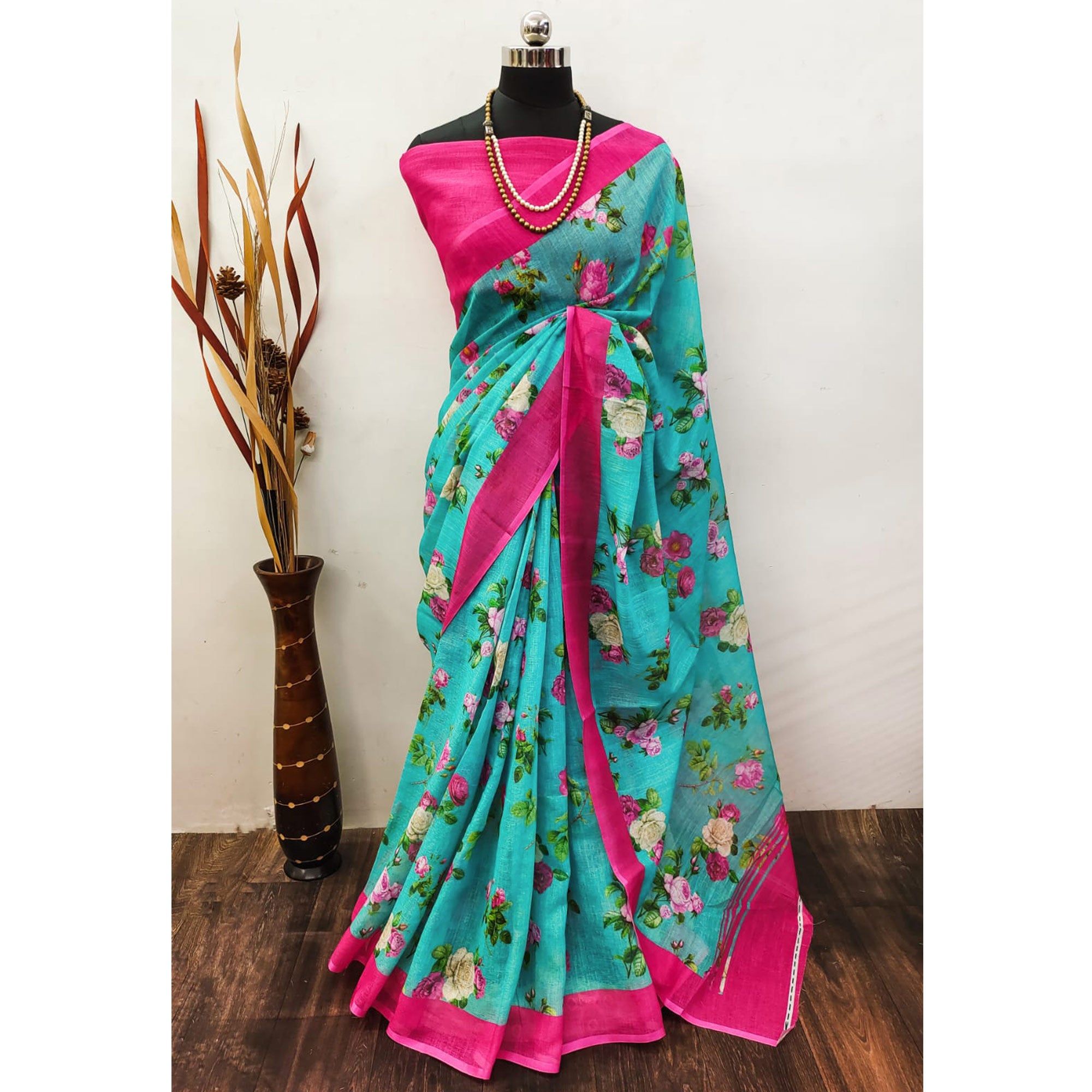 Blue Floral Digital Printed Linen Saree with Zari Border