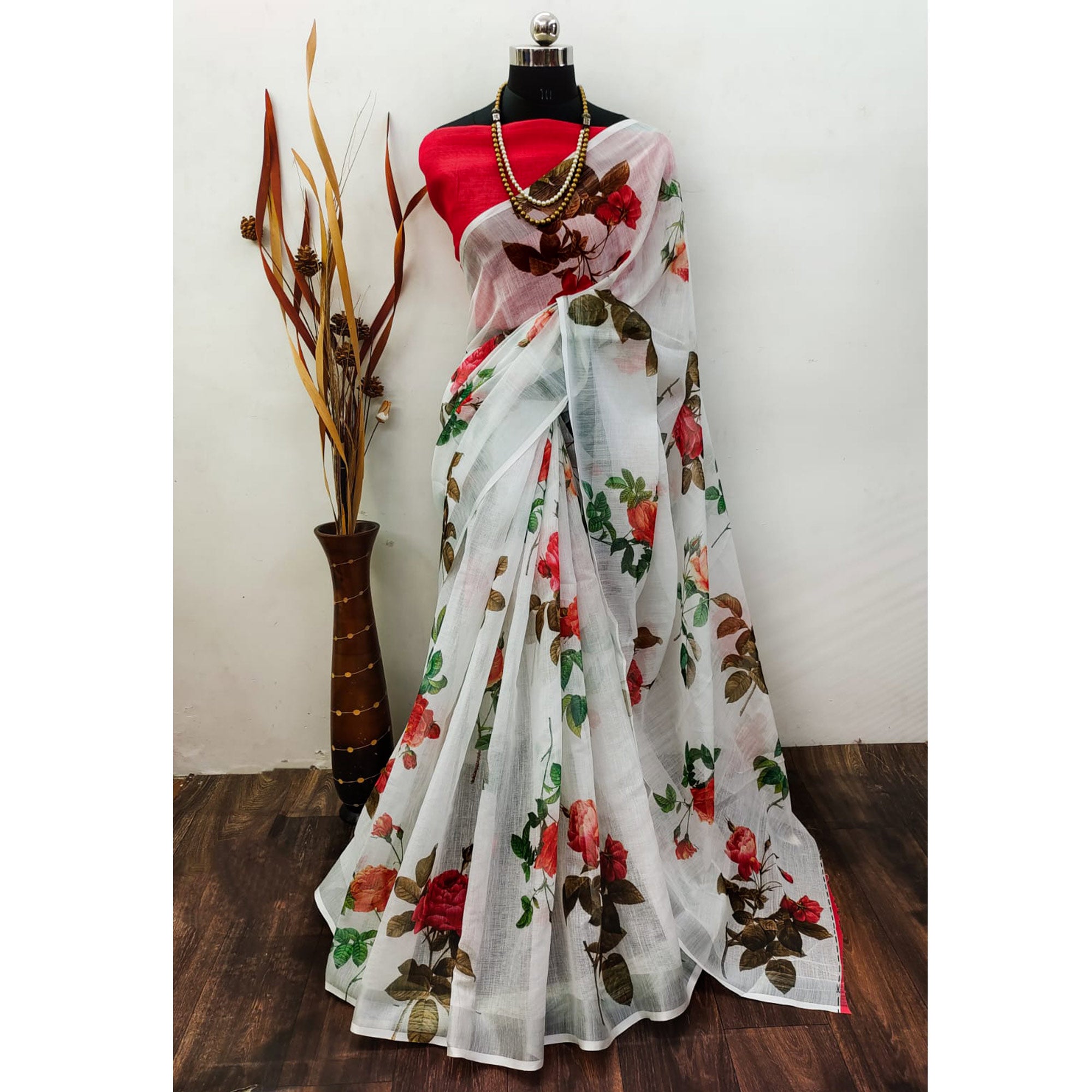 White Digital Printed Linen Saree with Zari Border