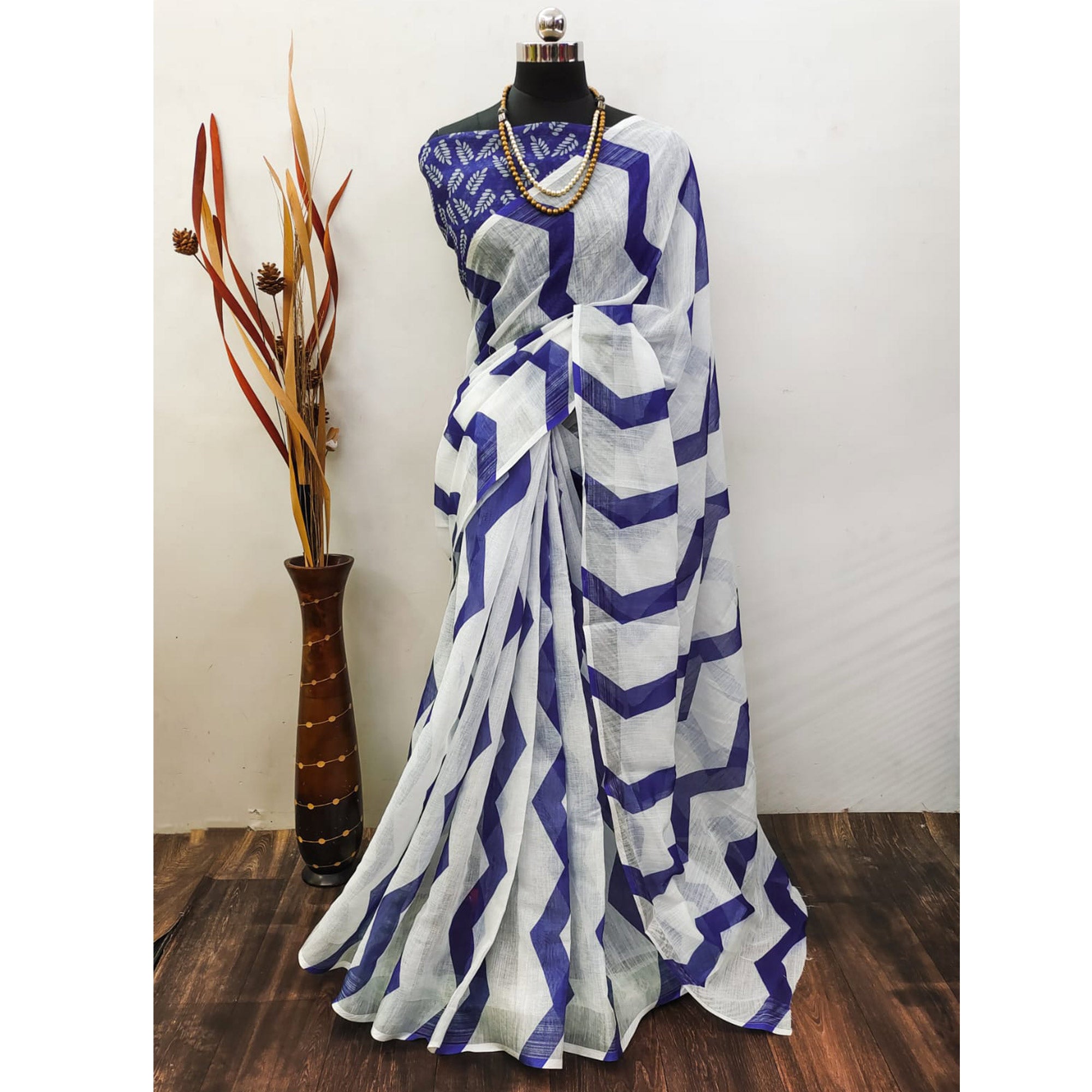 White & Blue Zig-Zag Digital Printed Linen Saree with Zari Border