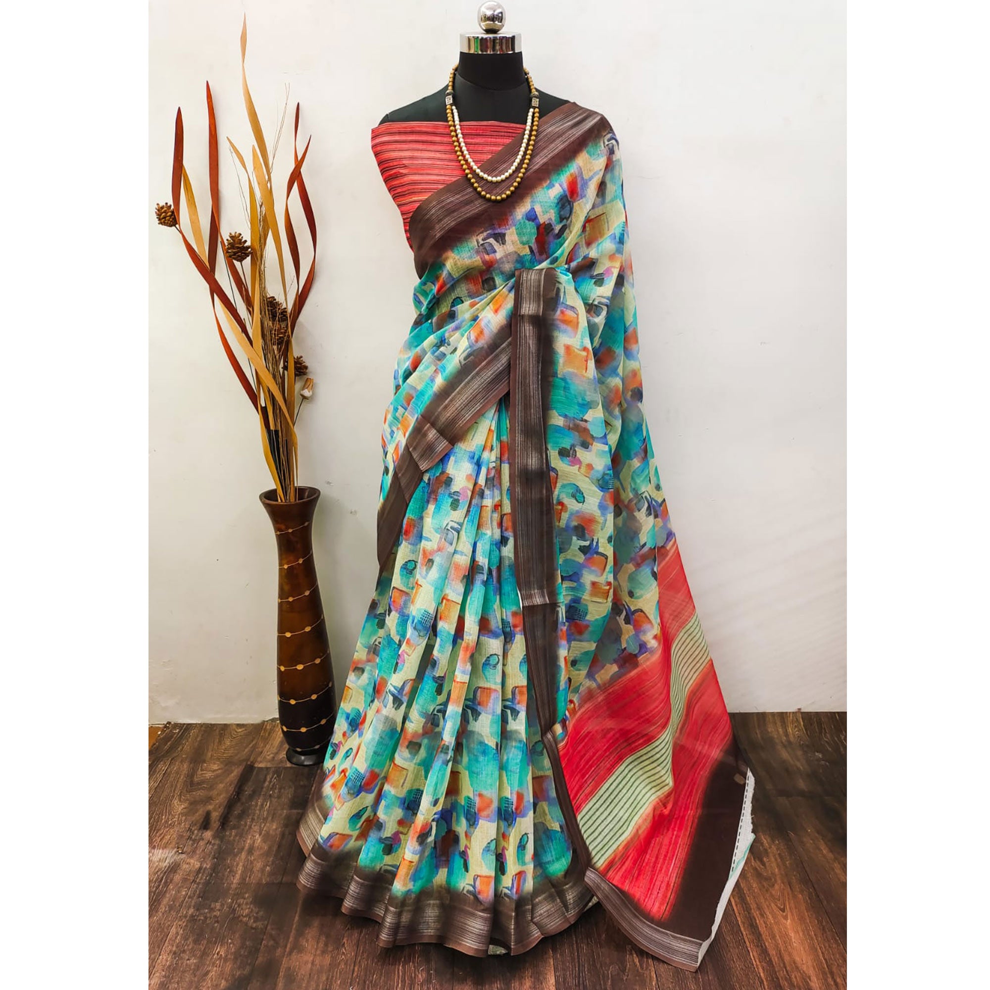 Blue Abstract Digital Printed Linen Saree with Zari Border